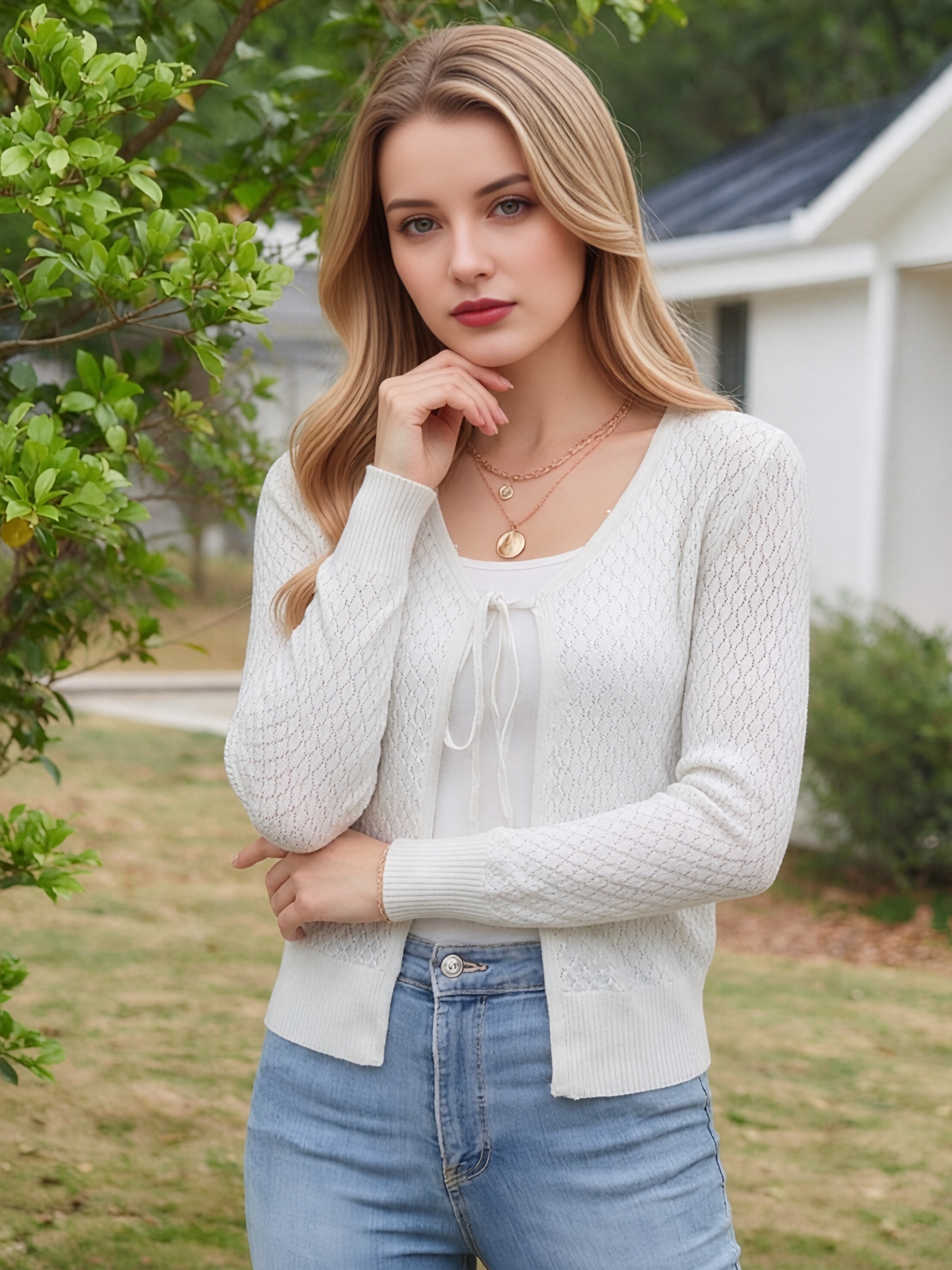 Women Hollow Mesh Knit Cardigan V Neck Tie Front Long Sleeve Lightweight Cropped Sweater Cover Up view 2
