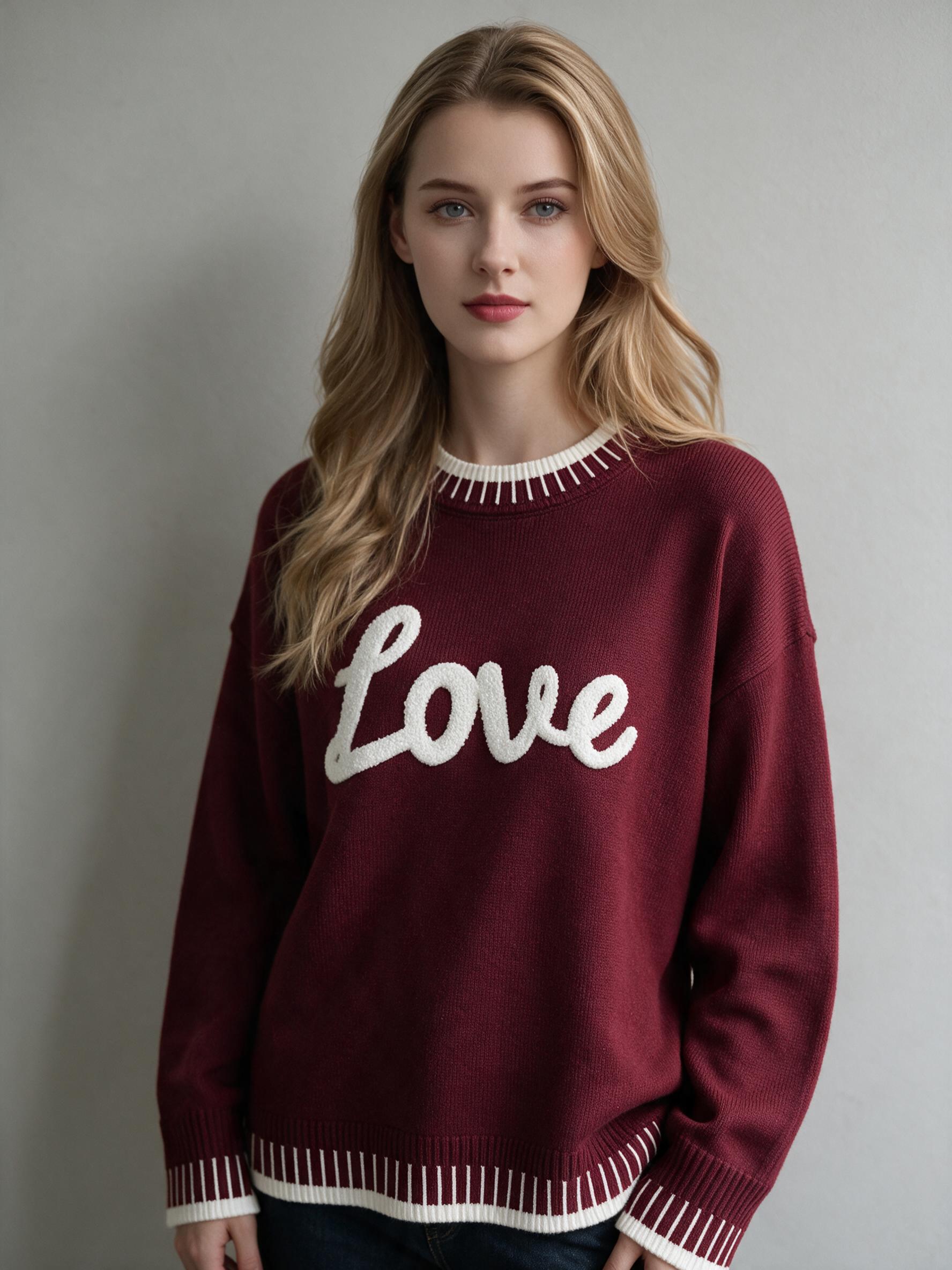 Women LOVE Letter Embroidery Knit Sweater, Contrast Stripe Crew Neck Long Sleeve Pullover, Loose Casual Drop‑Shoulder Knit Jumper view 2