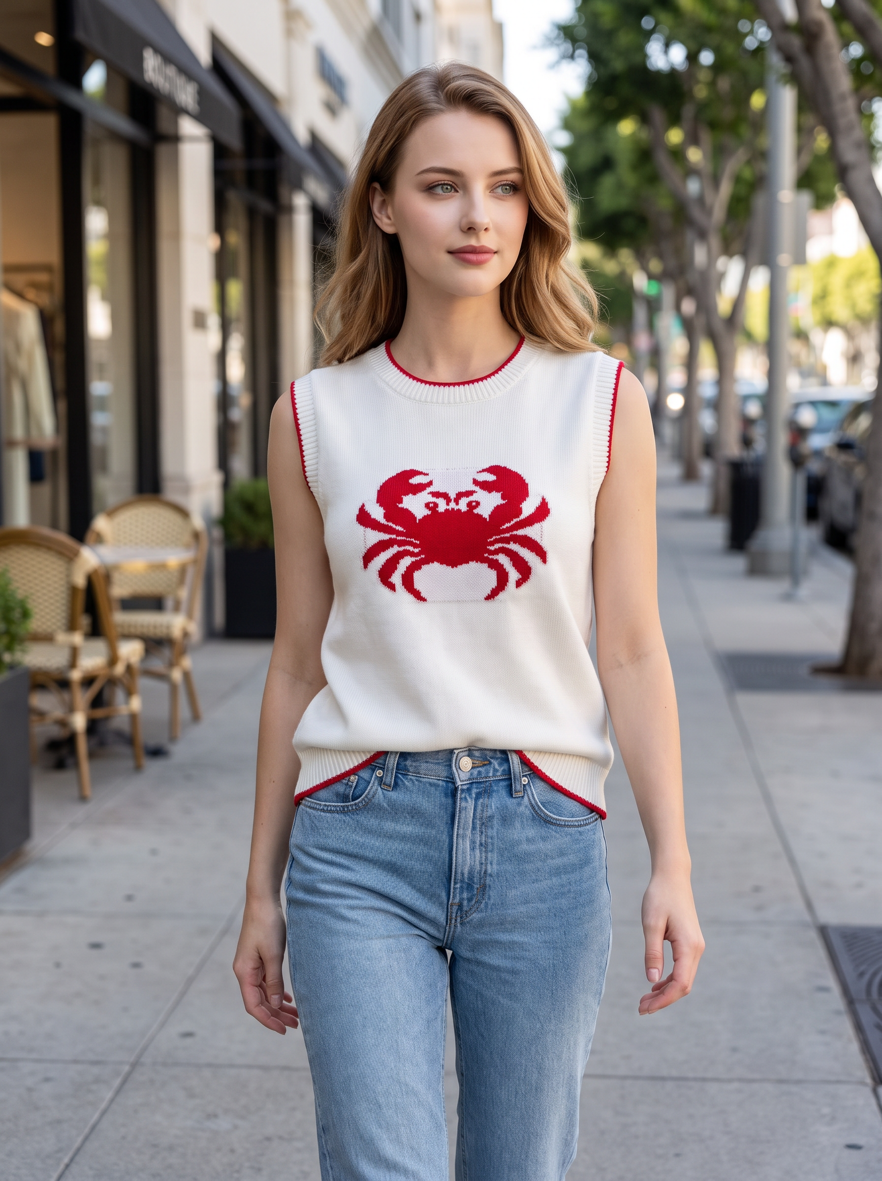 Women Sleeveless Knit Vest Red Contrast Trim Round Neck Lobster Crab Cherry Jacquard Knit Tank Top Casual Crop Sweater Waistcoat