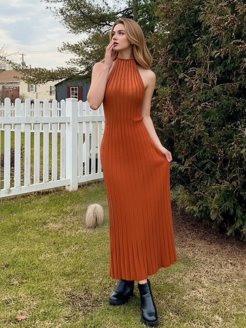 Women Halter Vertical Rib Knit Maxi Dress Sleeveless Bodycon Flared Hem Long Dress Solid Color Elegant Slim Vacation Dress view 7