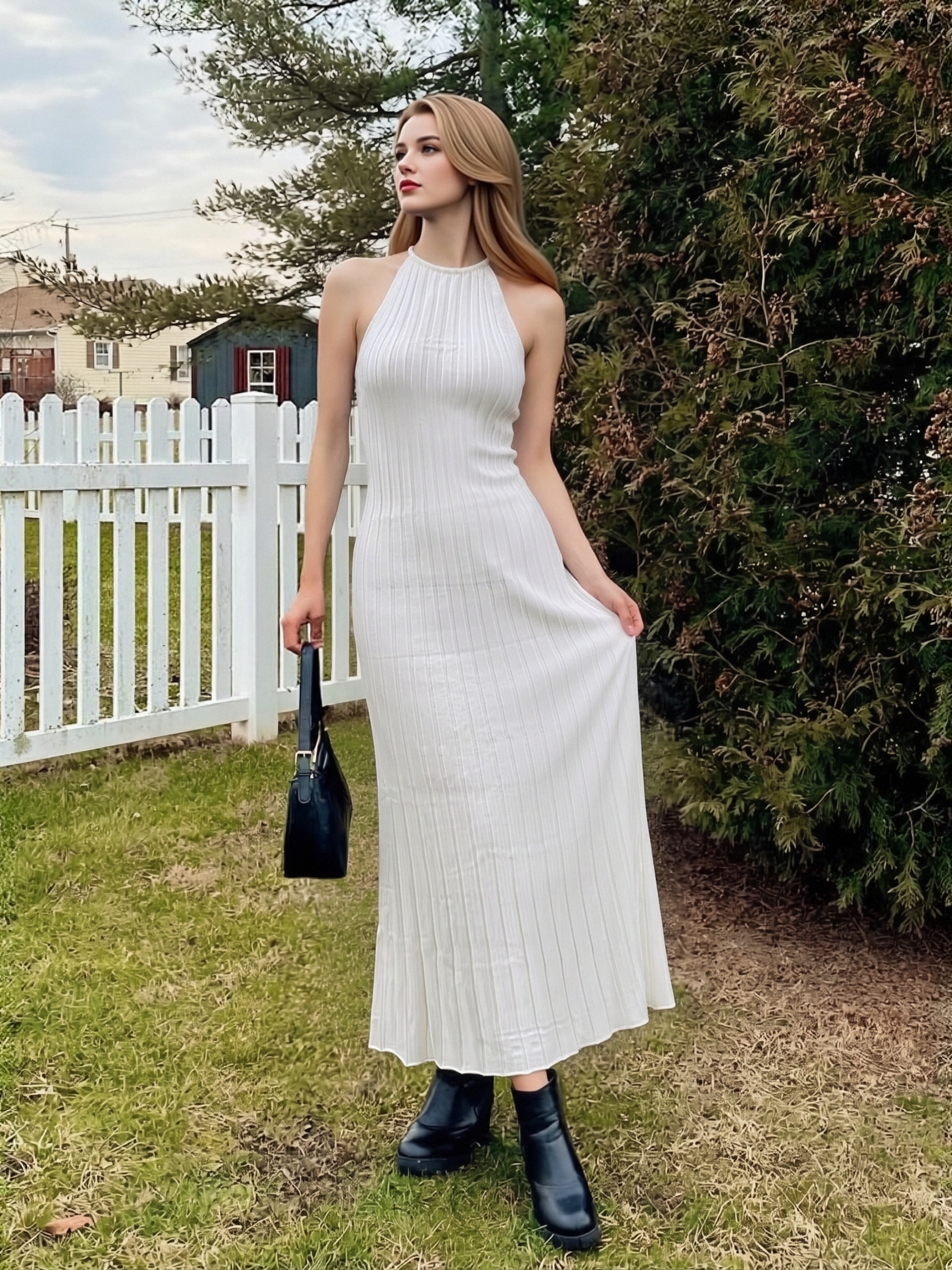 Women Halter Vertical Rib Knit Maxi Dress Sleeveless Bodycon Flared Hem Long Dress Solid Color Elegant Slim Vacation Dress