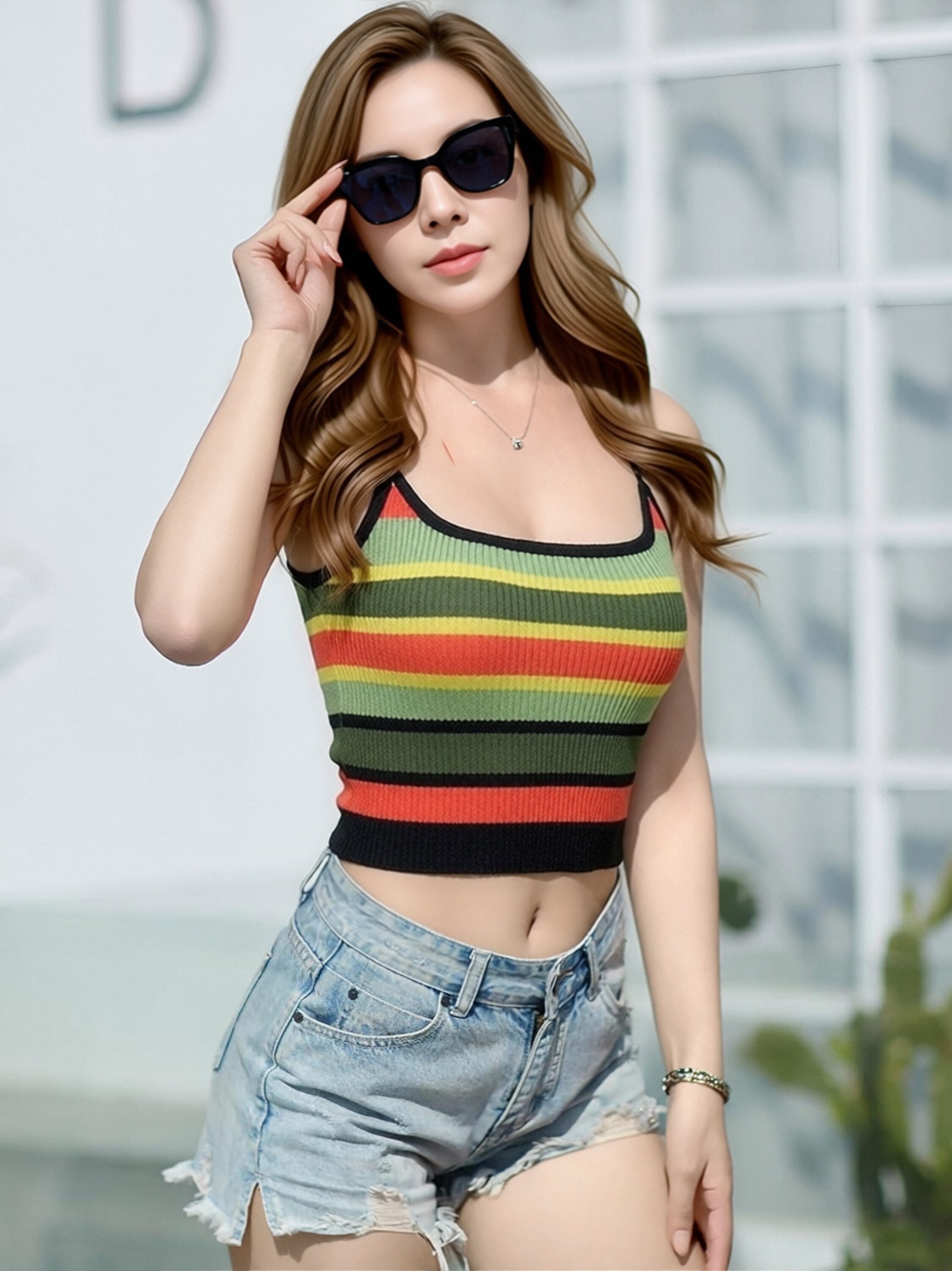 Women Rainbow Stripe Ribbed Knit Cami Top, Thin Spaghetti Strap U Neck Cropped Tank Top, Y2K Summer Slim Fit Colorful Striped Sleeveless Camisole view 5