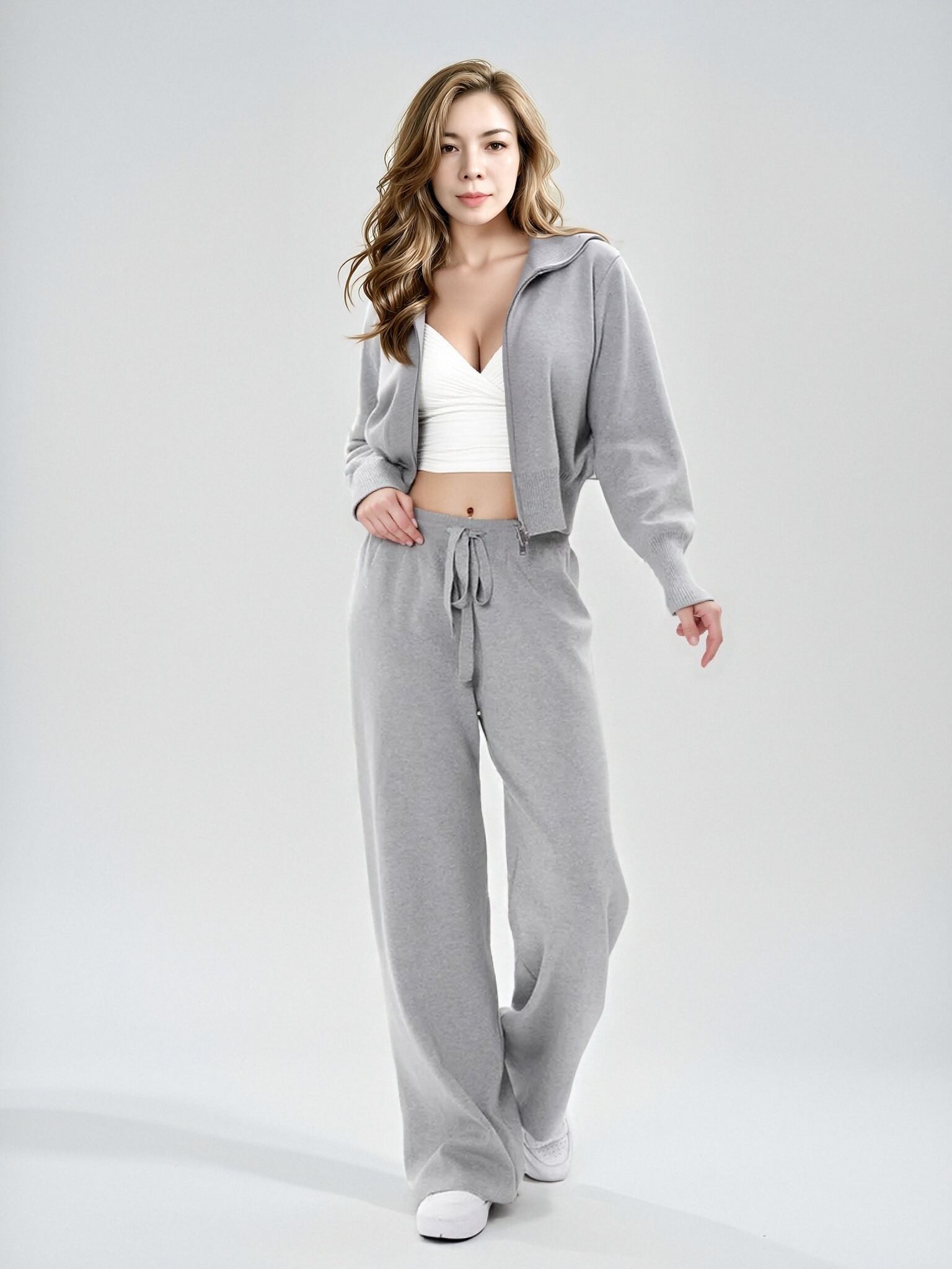 Women Gray Knit 2 Piece Tracksuit Set, Zip Up Stand Collar Cropped Jacket + Drawstring Wide Leg Pants, Casual Loungewear Matching Outfit