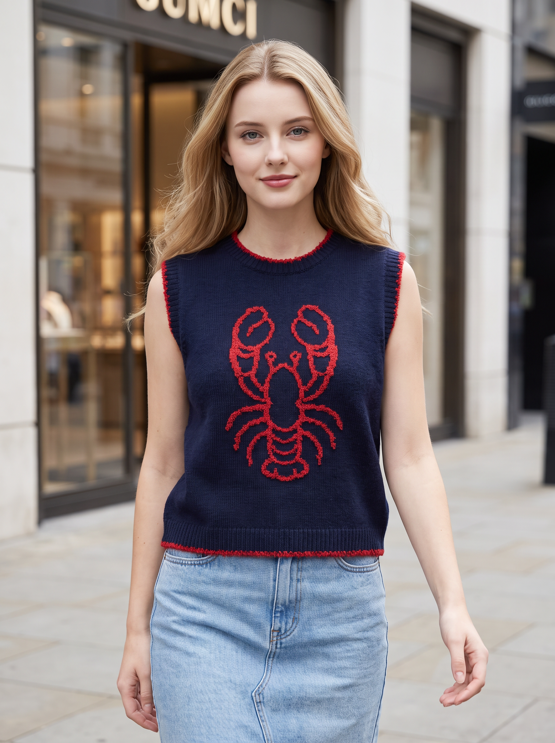 Women Sleeveless Knit Vest Red Contrast Trim Round Neck Lobster Crab Cherry Jacquard Knit Tank Top Casual Crop Sweater Waistcoat view 2
