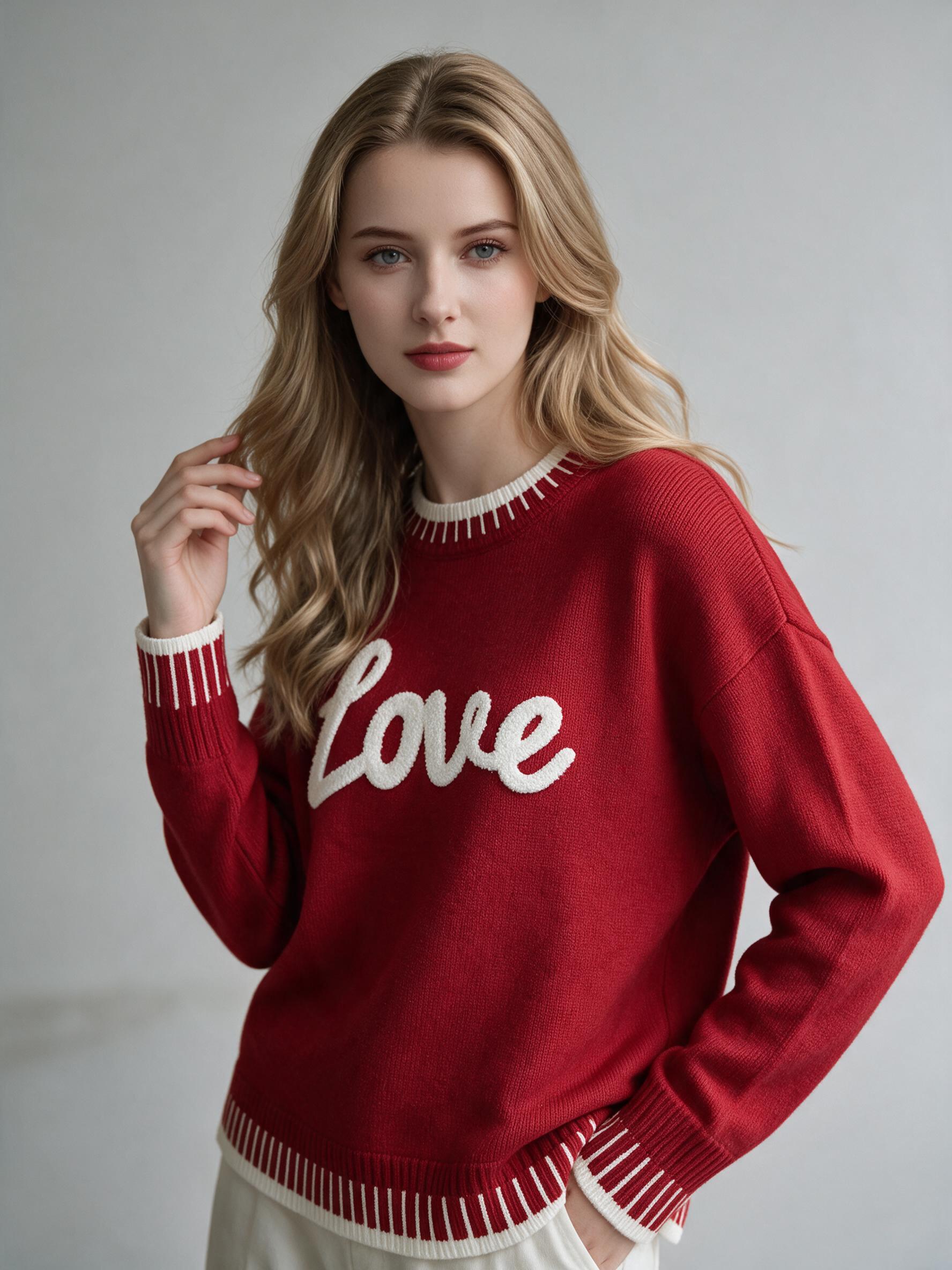 Women LOVE Letter Embroidery Knit Sweater, Contrast Stripe Crew Neck Long Sleeve Pullover, Loose Casual Drop‑Shoulder Knit Jumper