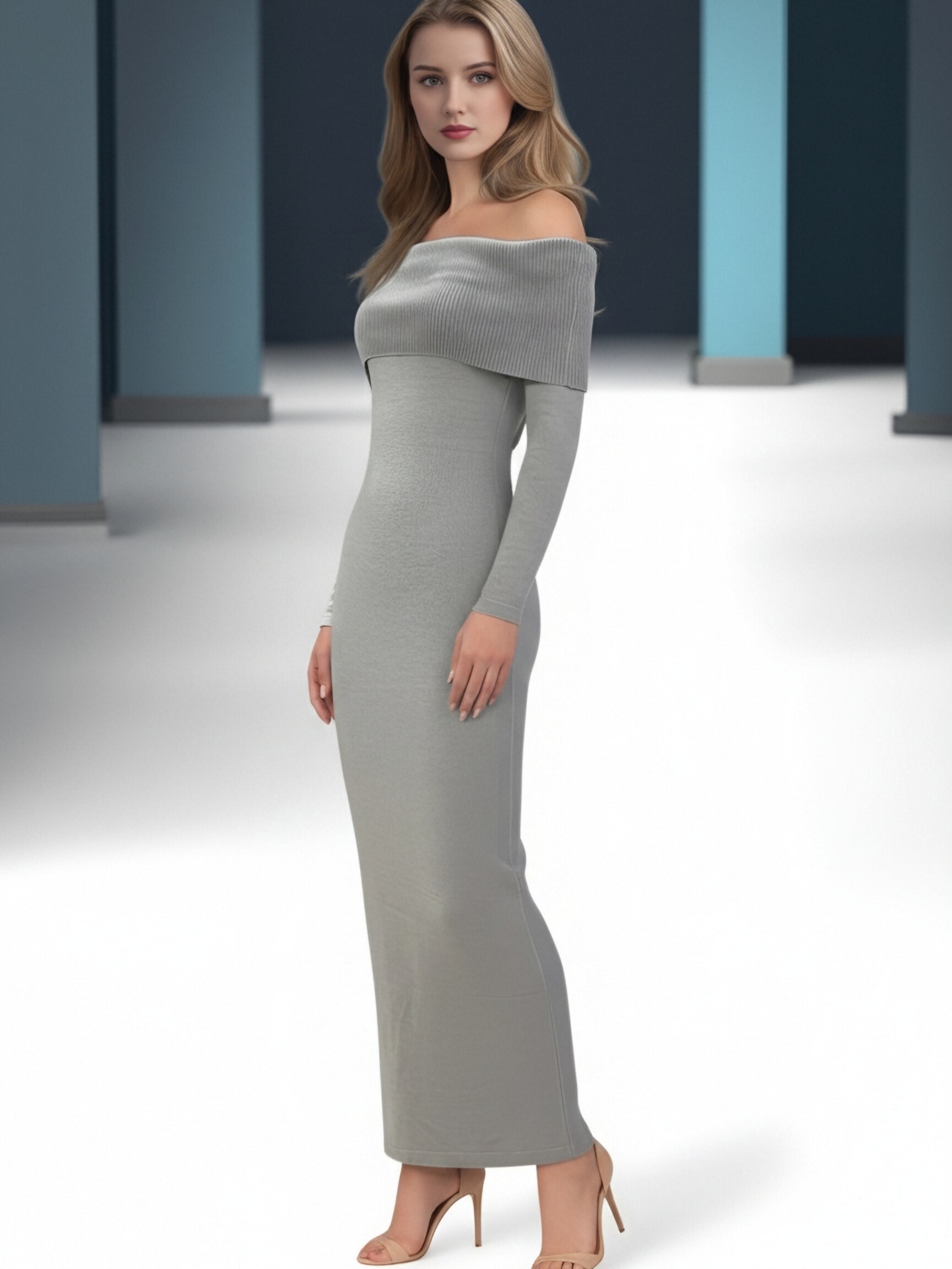 Women Fold Over Off Shoulder Long Sleeve Maxi Dress, Ribbed Knit Bodycon Floor Length Party Dress, Elegant Slim Fit Evening Midi Dress view 2