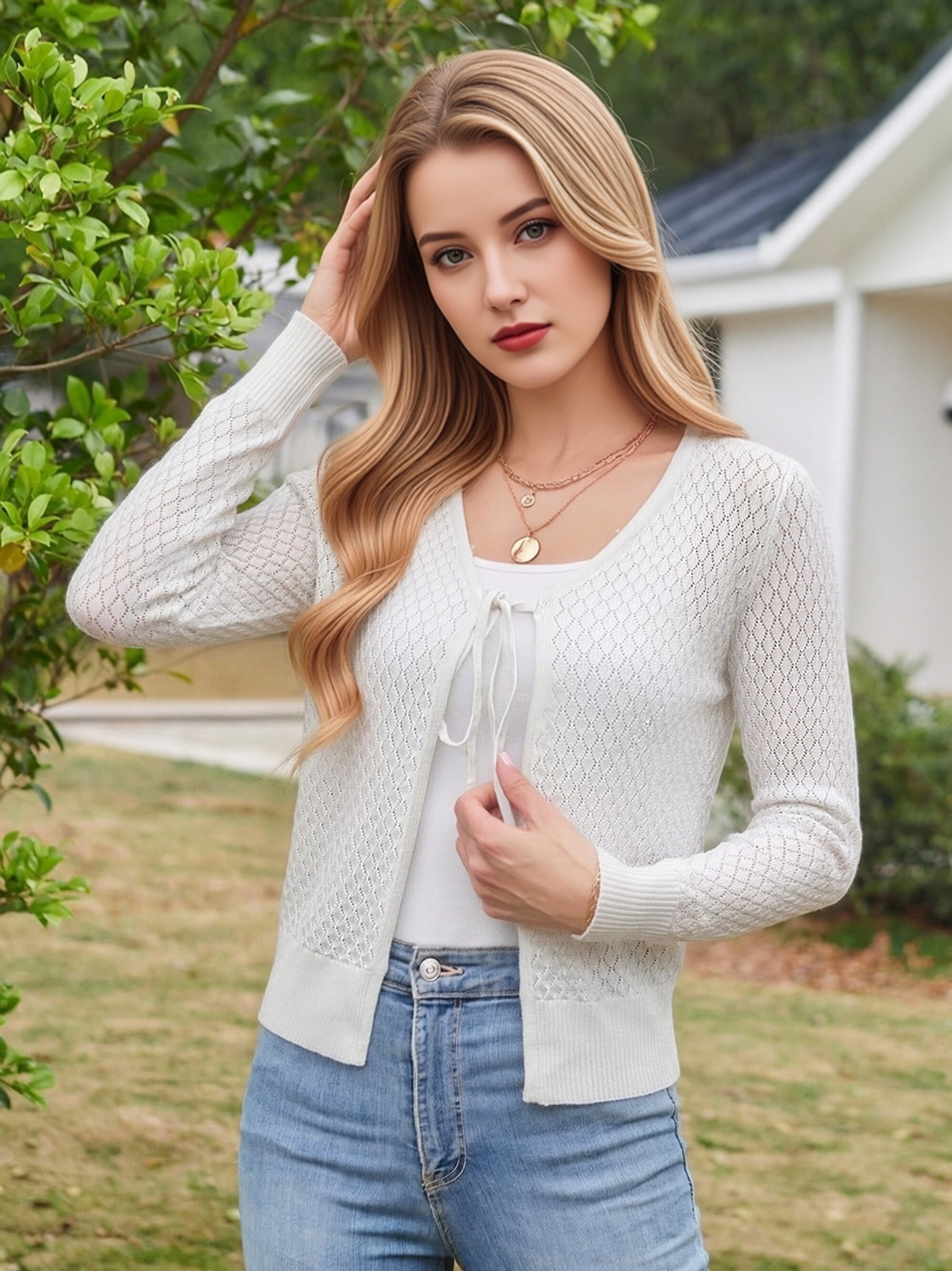 Women Hollow Mesh Knit Cardigan V Neck Tie Front Long Sleeve Lightweight Cropped Sweater Cover Up