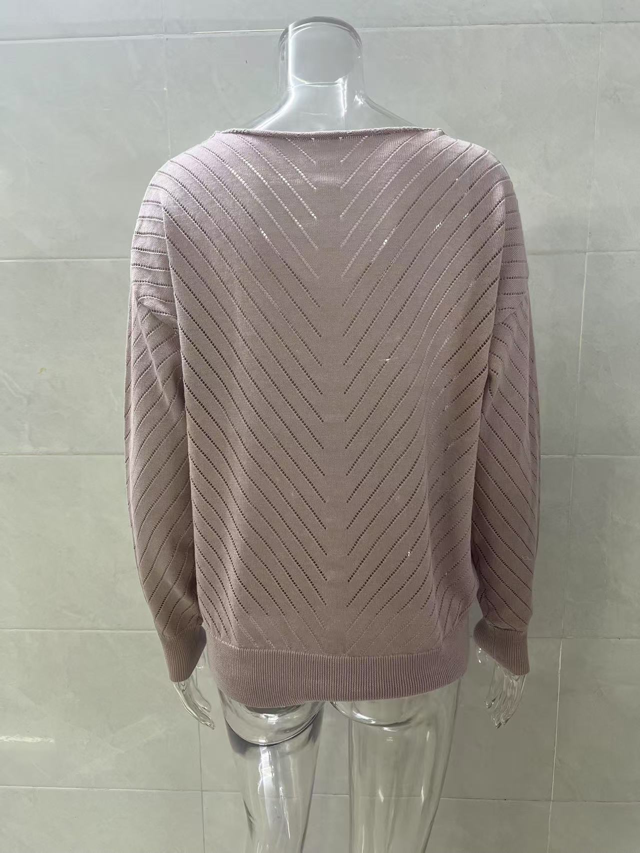 Women V‑Neck Long Sleeve Hollow Knit Sweater Top, Diagonal Textured Loose Casual Pullover Jumper, Lightweight Knit Blouse For Autumn view 10
