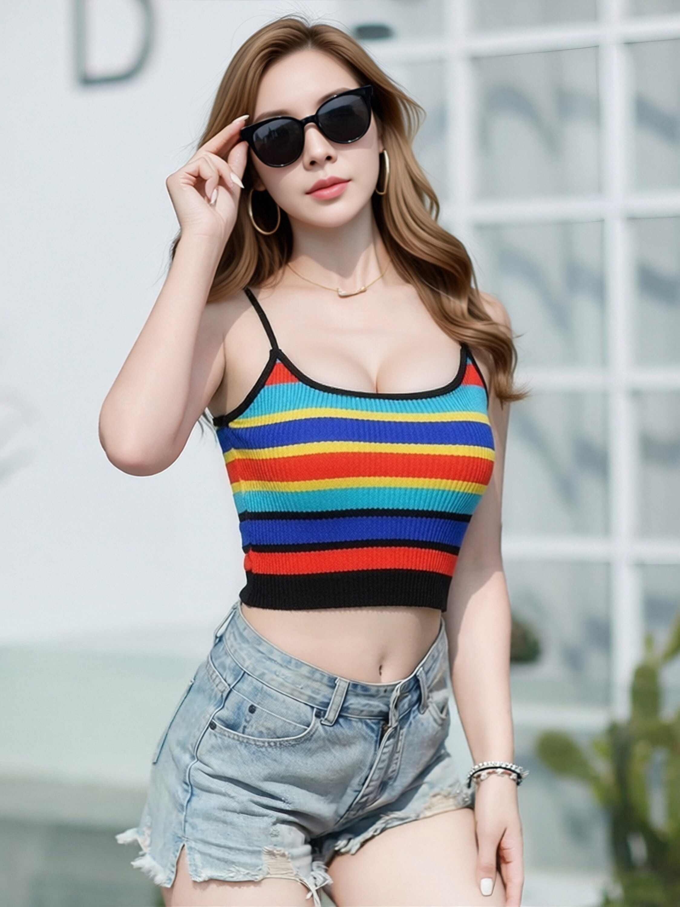Women Rainbow Stripe Ribbed Knit Cami Top, Thin Spaghetti Strap U Neck Cropped Tank Top, Y2K Summer Slim Fit Colorful Striped Sleeveless Camisole