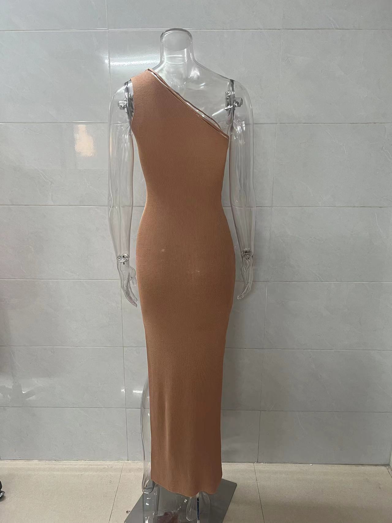 one shoulder ribbed knit maxi dress, spaghetti strap bodycon long dress, high slit sleeveless pencil dress, camel women party dress, slim fit knit evening dress view 5
