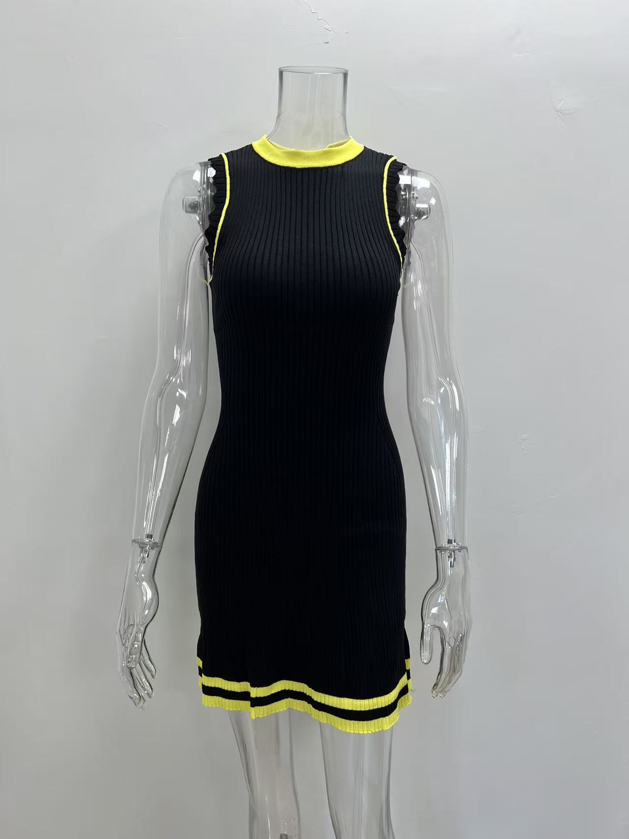 Women Sleeveless Ribbed Knit Bodycon Mini Dress, Color‑Block Trim Tie Neck Hollow Out Tank Short Dress, Y2K Casual Party Pencil Dress view 14