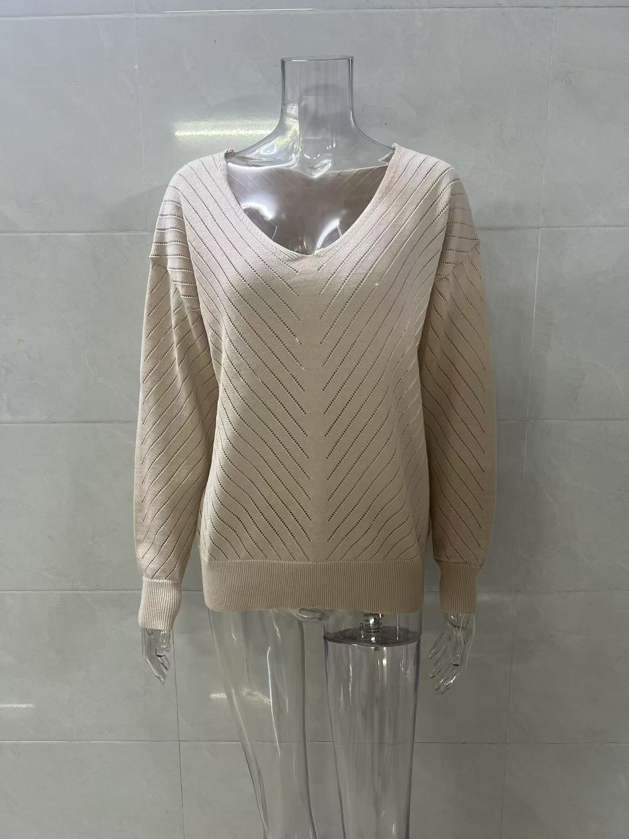 Women V‑Neck Long Sleeve Hollow Knit Sweater Top, Diagonal Textured Loose Casual Pullover Jumper, Lightweight Knit Blouse For Autumn view 7