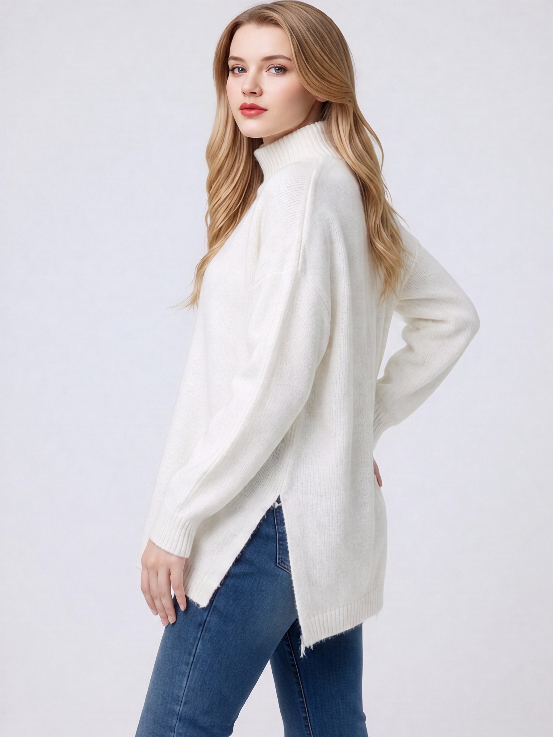 Oversized White Turtleneck Knit Sweater For Women, Loose Long Sleeve Slit Hem Mid-Length Pullover, Soft Casual High Neck Side Split Knit Jumper view 2