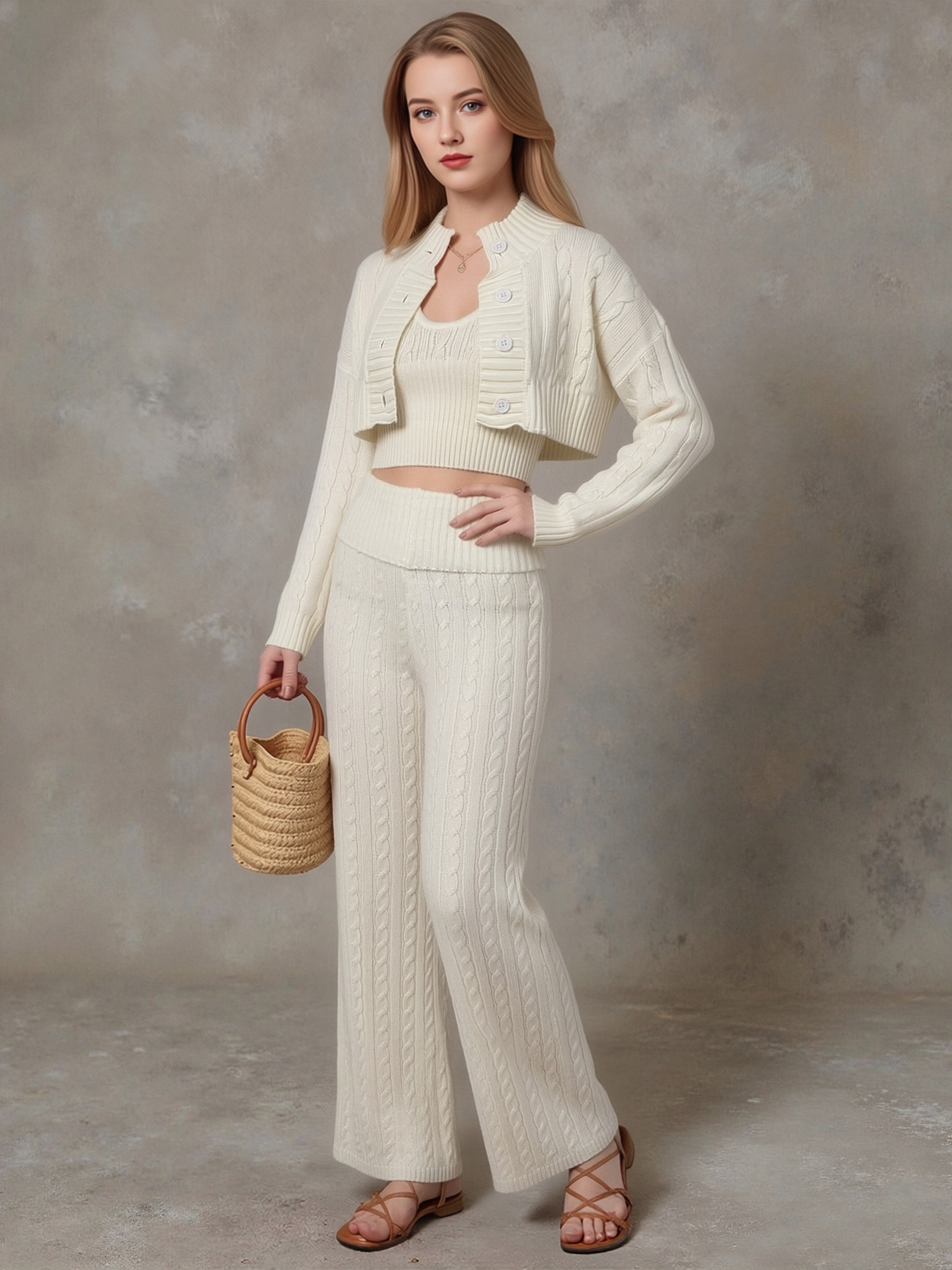 Women 3‑Piece Cable Knit Outfit, Cropped Cardigan + Camisole Top + Wide Leg Pants Sweater Set, Long Sleeve Casual Knitted Loungewear Suit view 2