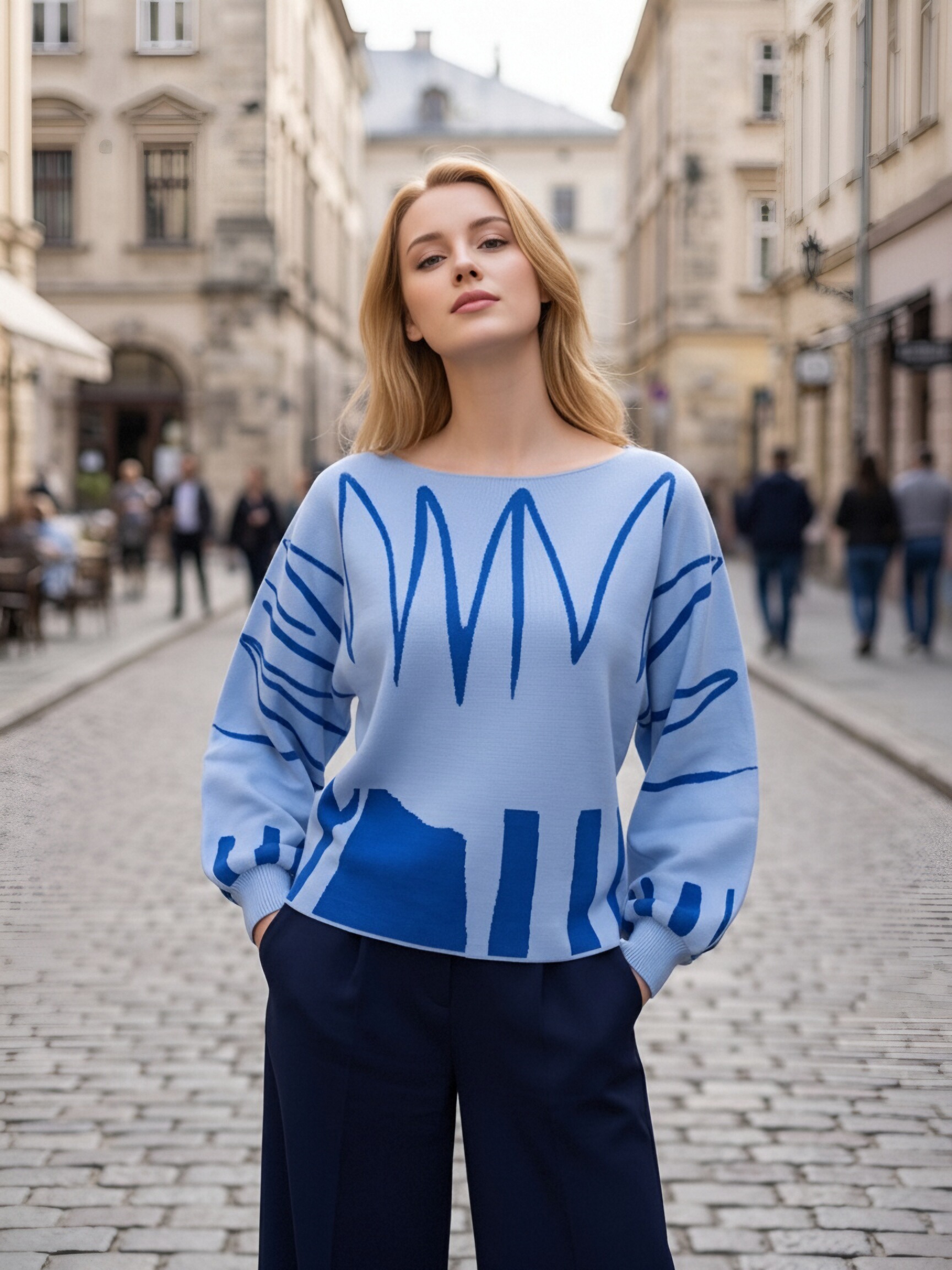 Women Boat Neck Abstract Geometric Print Knit Sweater, Lantern Long Sleeve Loose Drop‑Shoulder Pullover, Casual Cropped Knit Top view 4