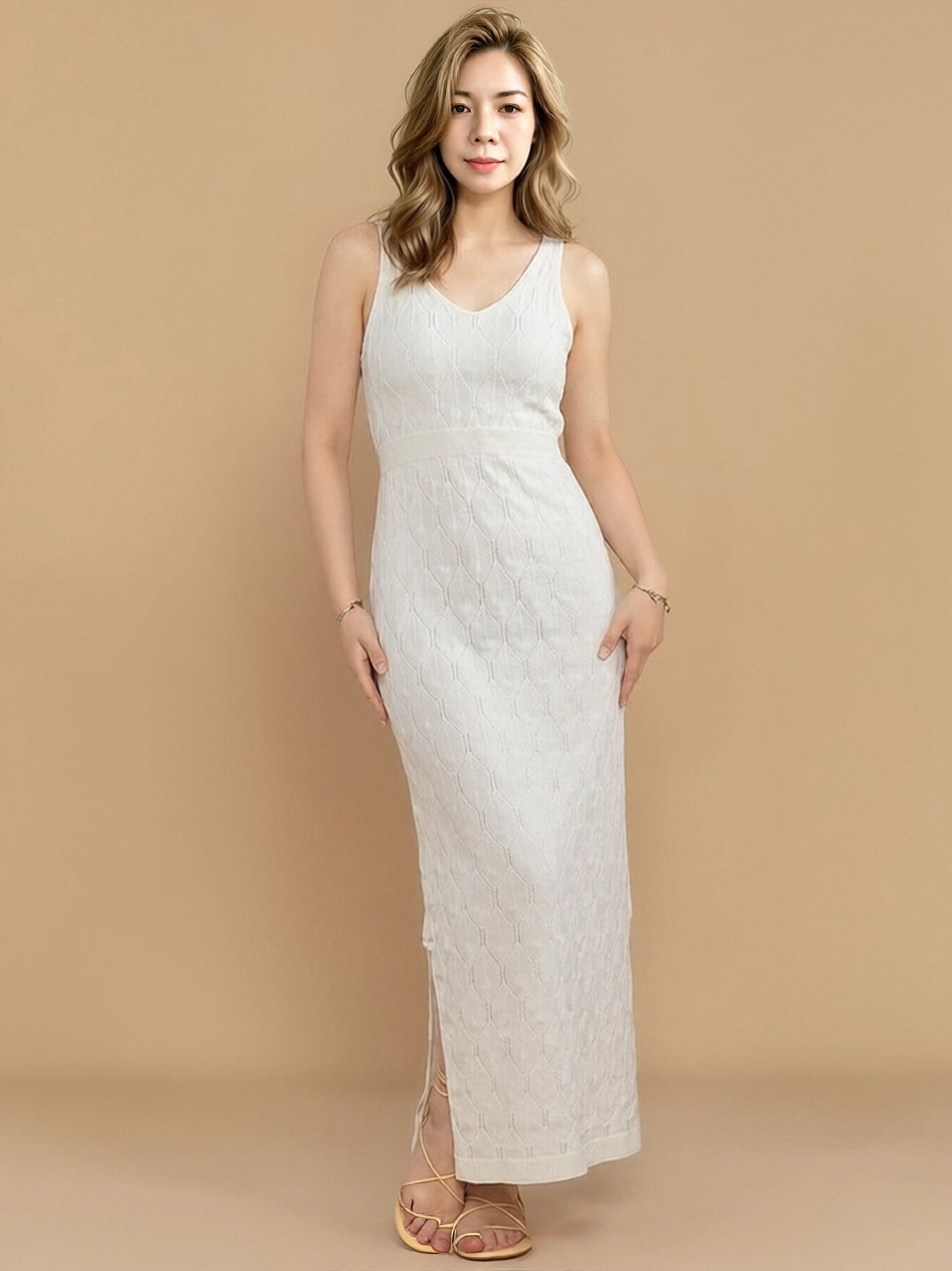 Women Cream Cable Knit Midi Slip Dress, V Neck Sleeveless Waist Band Bodycon Maxi Dress, Side Drawstring Hollow Textured Knit Vacation Dress view 3