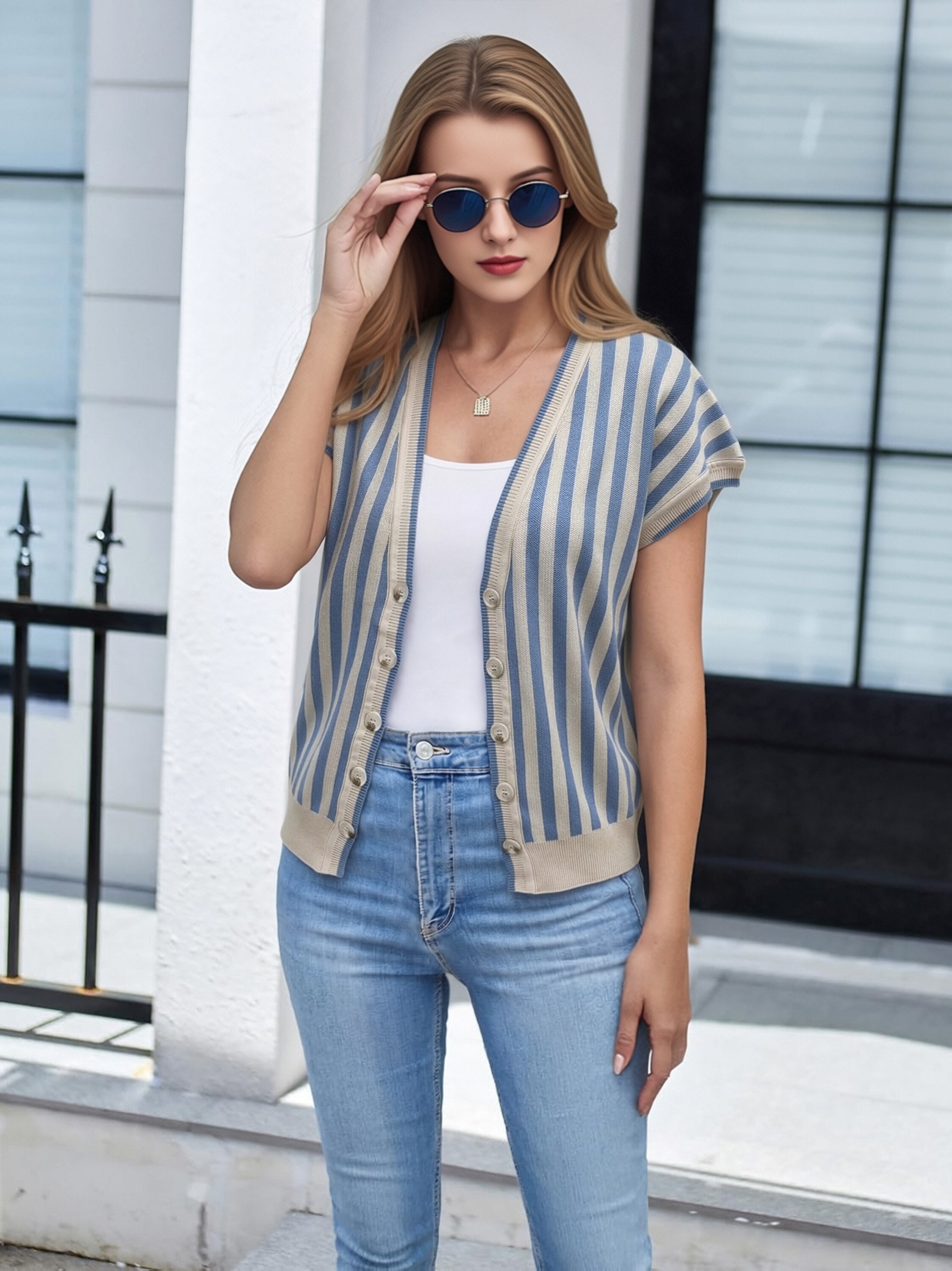 Women Vertical Stripe V Neck Knit Vest, Sleeveless Button Down Cardigan Top, Casual Loose Fit Striped Knit Waistcoat for Summer view 6