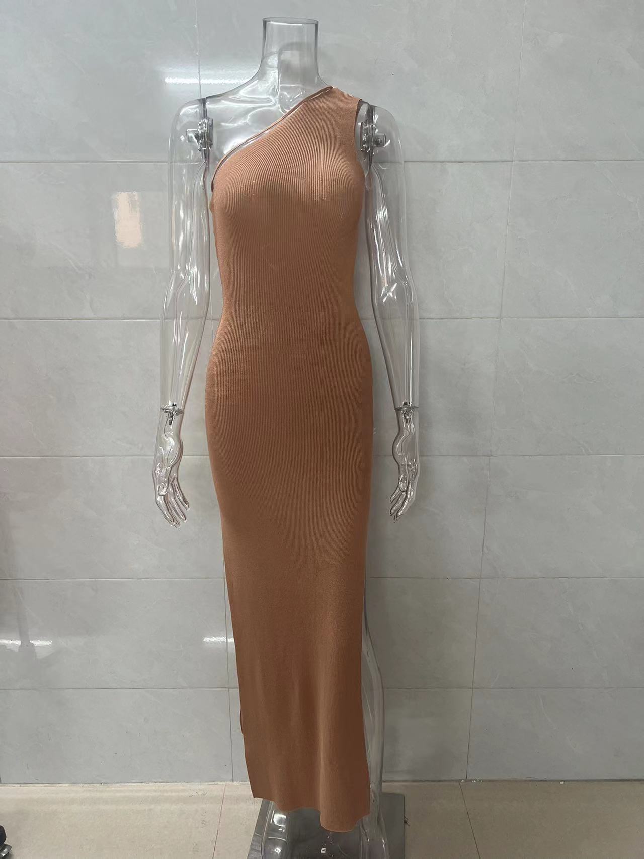 one shoulder ribbed knit maxi dress, spaghetti strap bodycon long dress, high slit sleeveless pencil dress, camel women party dress, slim fit knit evening dress view 4