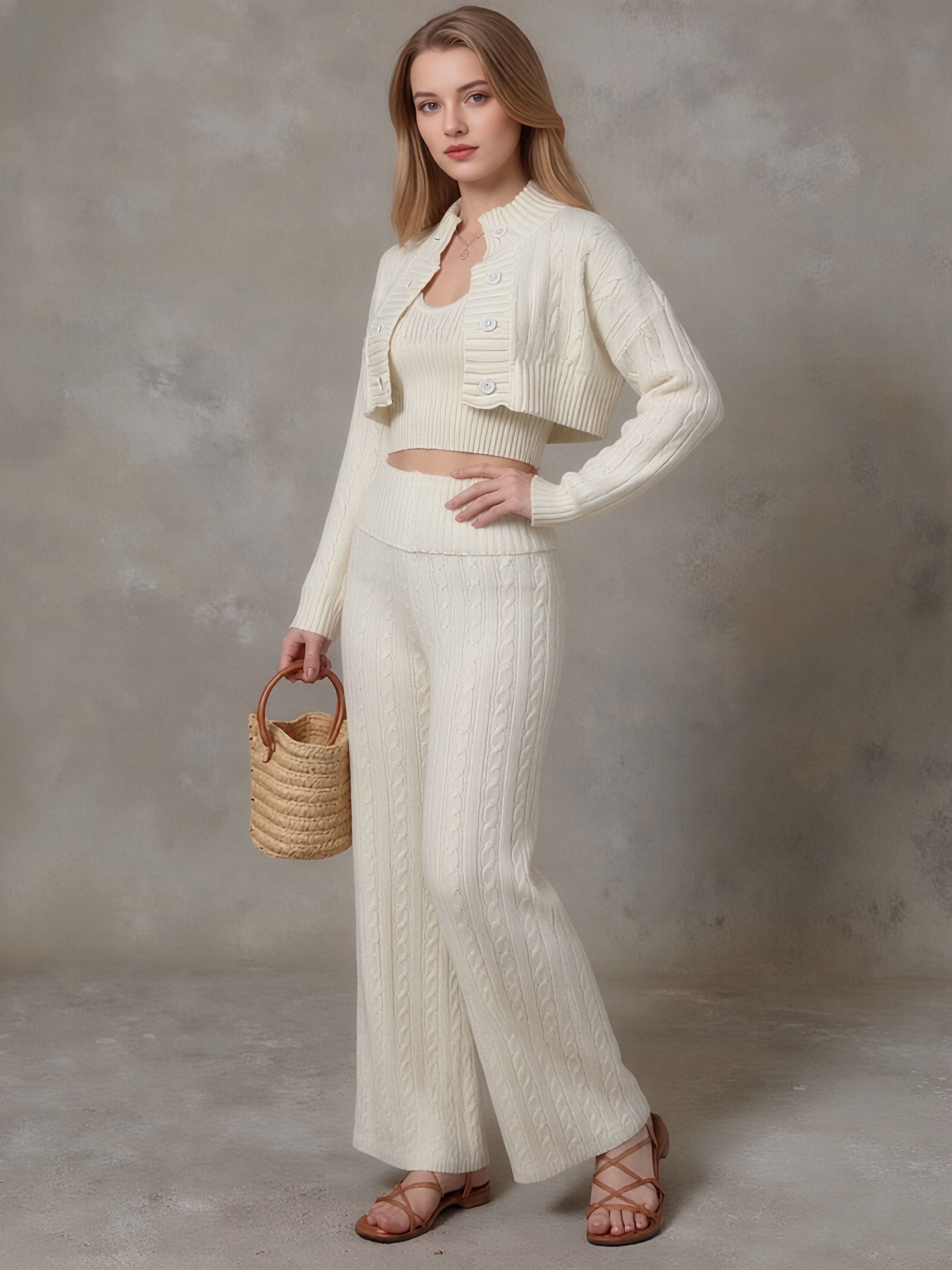 Women 3‑Piece Cable Knit Outfit, Cropped Cardigan + Camisole Top + Wide Leg Pants Sweater Set, Long Sleeve Casual Knitted Loungewear Suit view 5