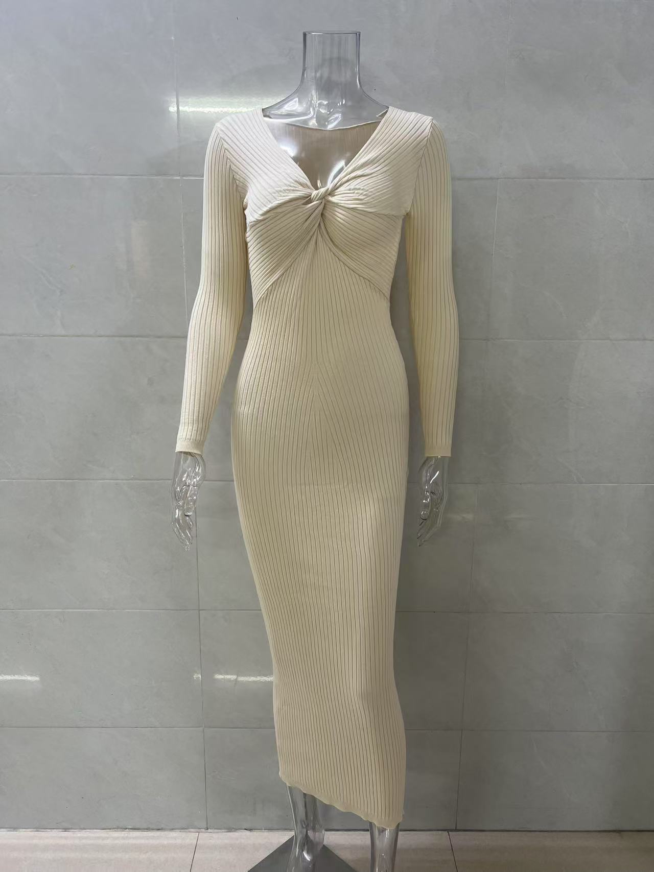 Women Beige V‑Neck Twist Front Long Sleeve Knit Midi Dress, Ribbed Bodycon Sweater Dress, Slim Fit Casual Party Pencil Long Dress view 7