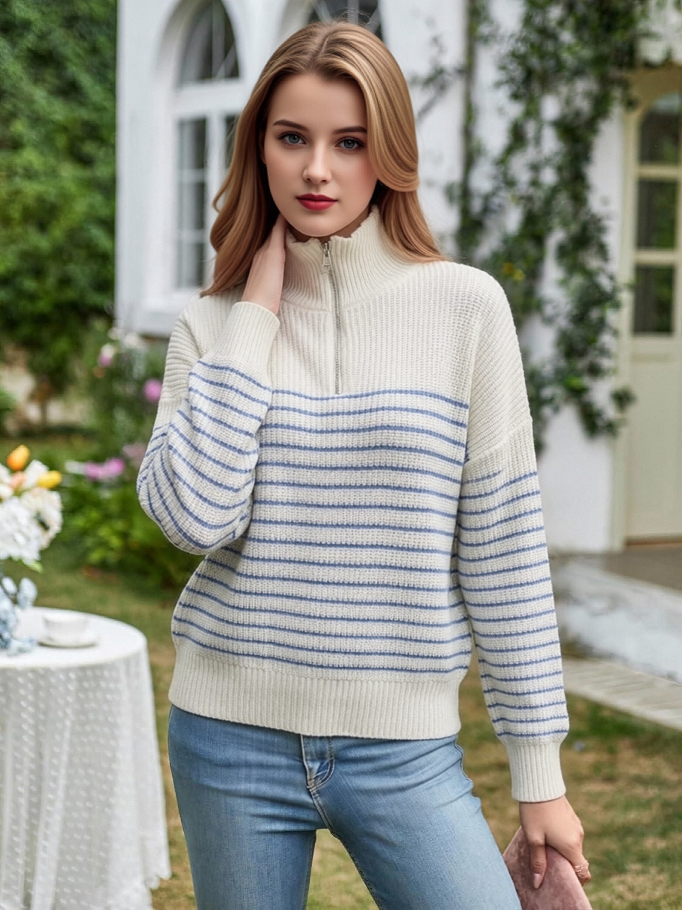 Women Half Zip Collar Striped Knit Sweater, Loose Drop Shoulder Waffle Knit Long Sleeve Pullover, Casual Black White Stripe Quarter Zip Jumper view 5