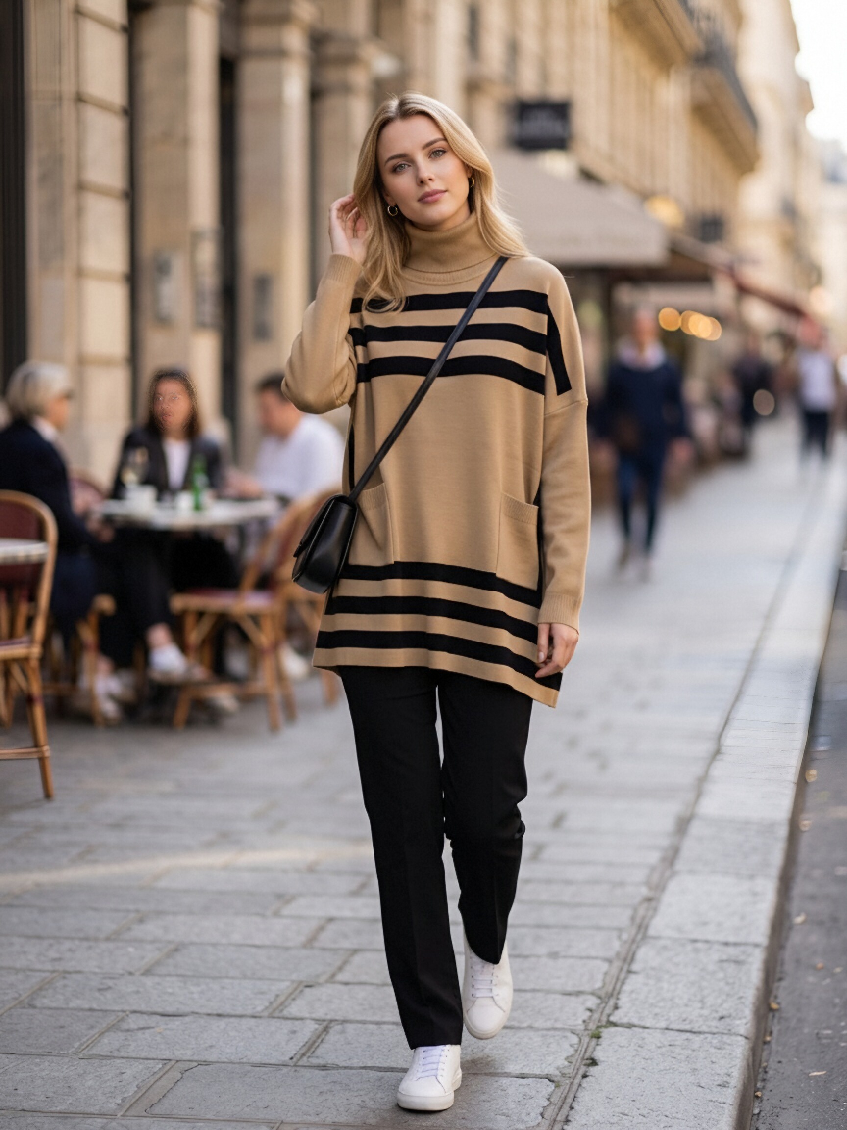 Women Turtleneck Striped Oversized Knit Sweater, Long Sleeve Loose Tunic Sweater Top With Pockets, Casual Side Slit Pullover view 3