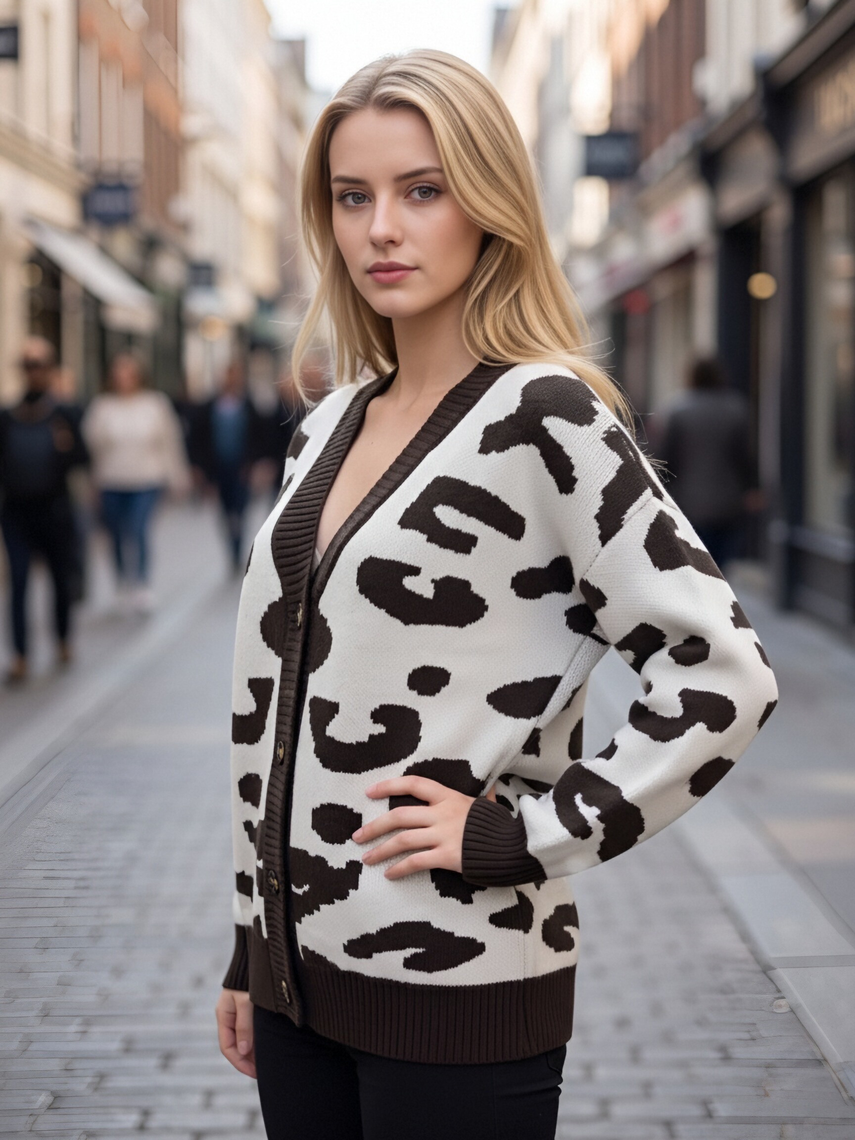 Women Leopard Print V Neck Knit Cardigan, Long Sleeve Button Down Loose Knitted Sweater Coat, Casual Streetwear Leopard Knit Outerwear For Fall Winter view 4