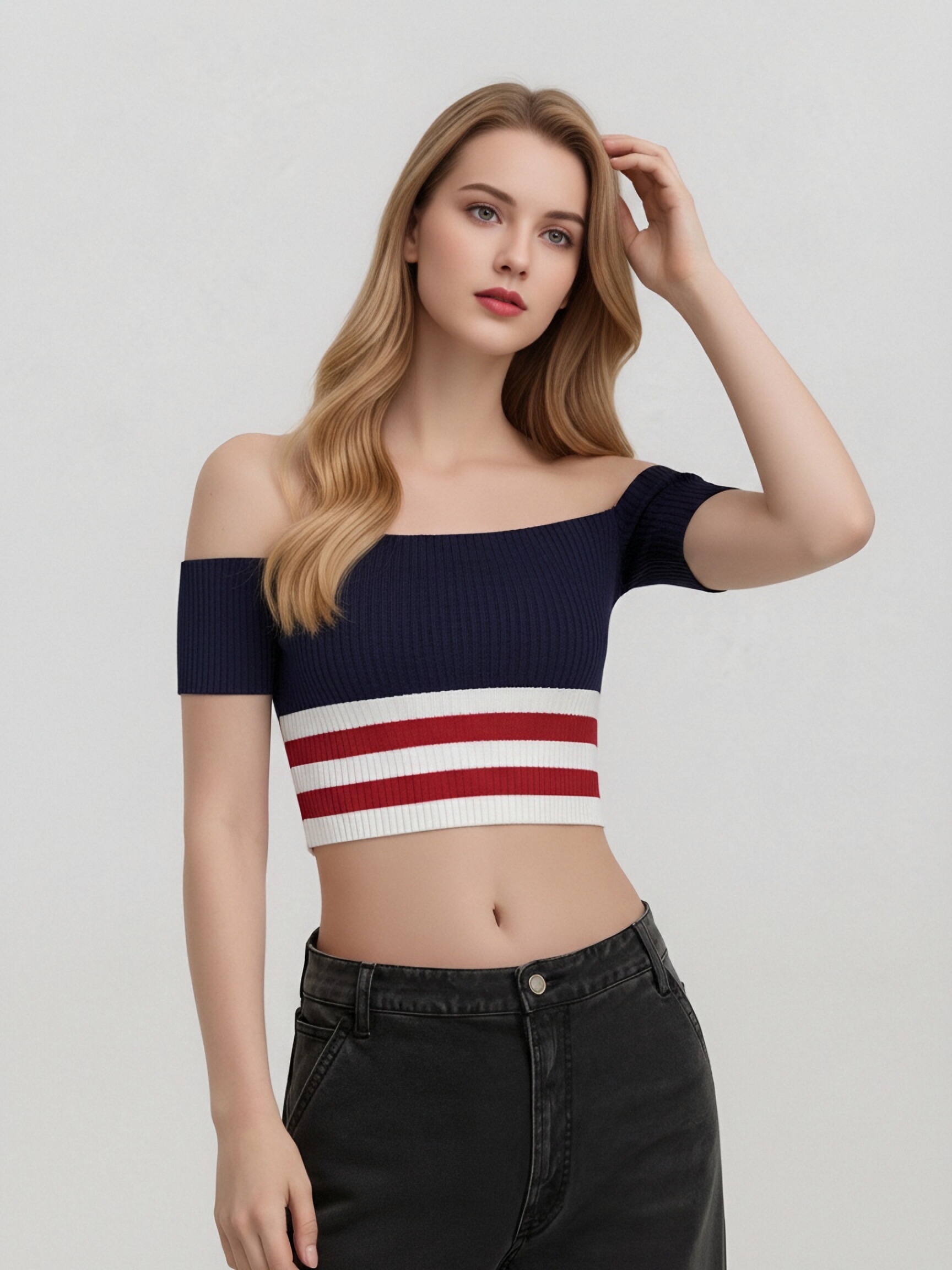 Women Off Shoulder Short Sleeve Ribbed Knit Crop Top, Navy White Red Stripe Color Block Slim Fit Y2K Cropped Knit Tee, Summer Casual Striped Bandeau Knit Blouse