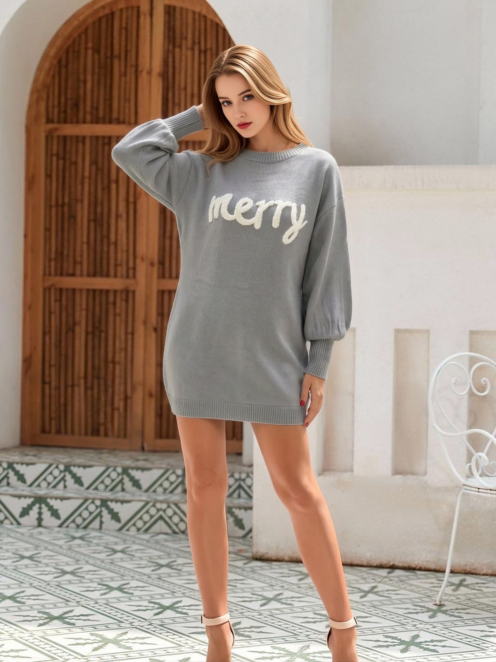 Women Christmas Merry Letter Embroidery Sweater Dress, Crew Neck Long Sleeve Loose Oversized Mini Knit Dress, Fall Winter Casual Pullover Tunic Dress view 9