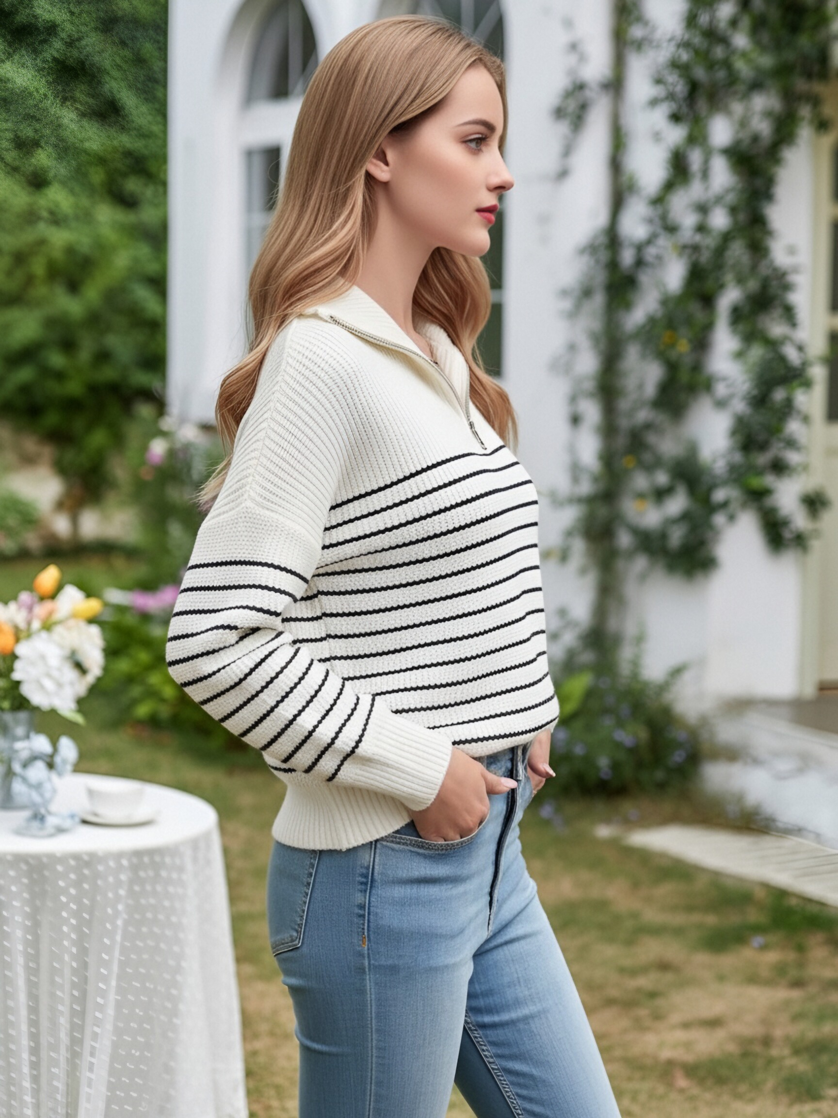 Women Half Zip Collar Striped Knit Sweater, Loose Drop Shoulder Waffle Knit Long Sleeve Pullover, Casual Black White Stripe Quarter Zip Jumper view 3