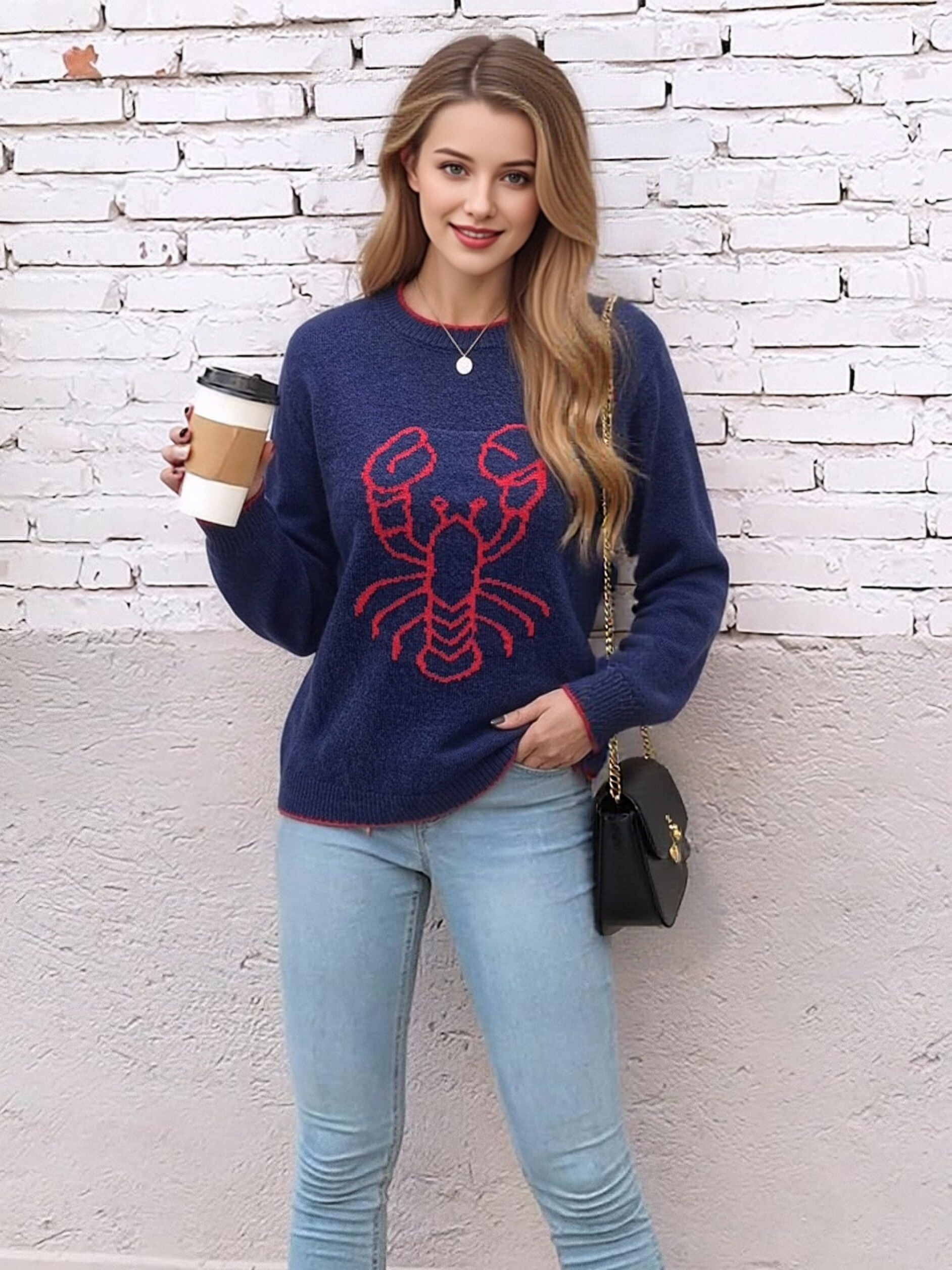 Women Crew Neck Drop Shoulder Knit Sweater, Cute Crab Lobster Jacquard Pattern Loose Long Sleeve Pullover Jumper, Casual Soft Knit Top For Daily Streetwear view 8