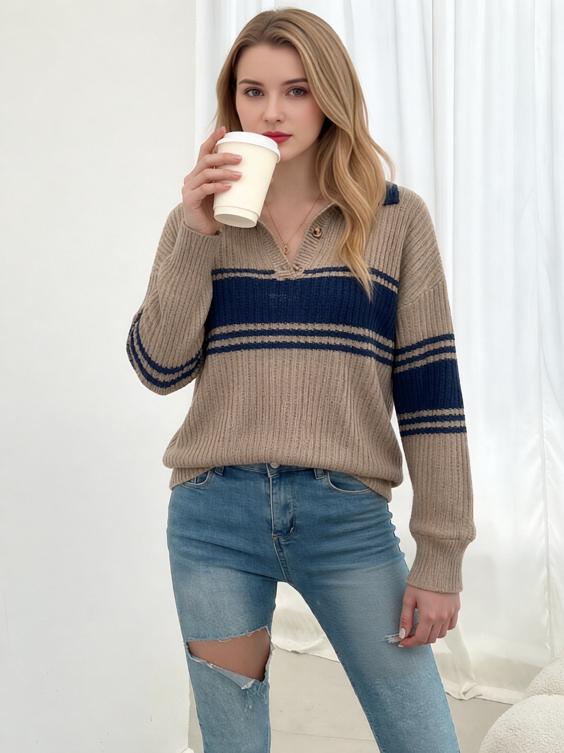 Women Lapel Half Zip Striped Knit Sweater, Khaki Navy Color Block Ribbed Pullover Jumper, Loose Drop Shoulder Long Sleeve Preppy Casual Knit Top for Spring Autumn view 3