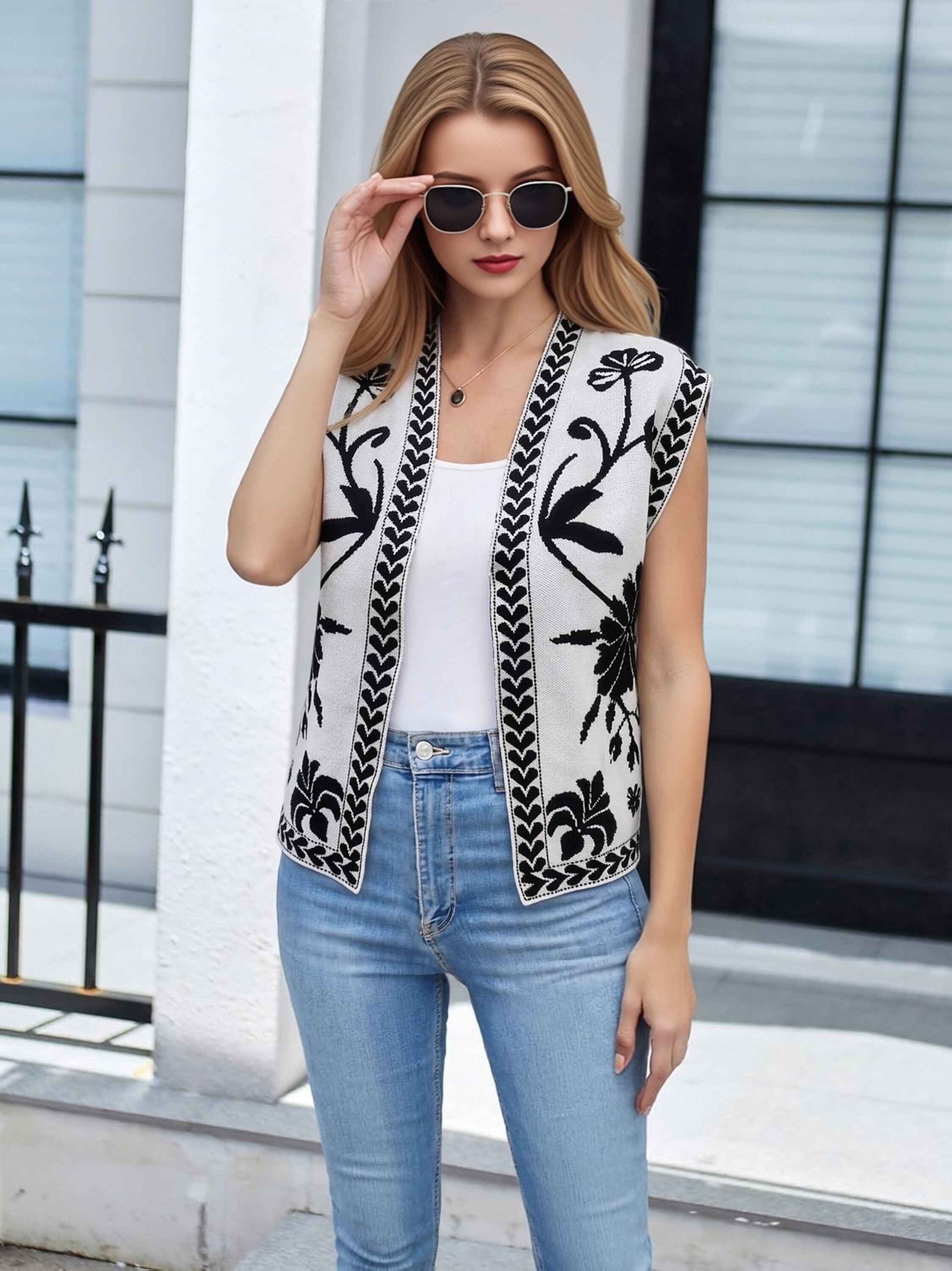 Women Vintage Floral Jacquard Knit Vest, Open Front Sleeveless Cardigan Waistcoat, Boho Ethnic Print Layering Knit Top view 6