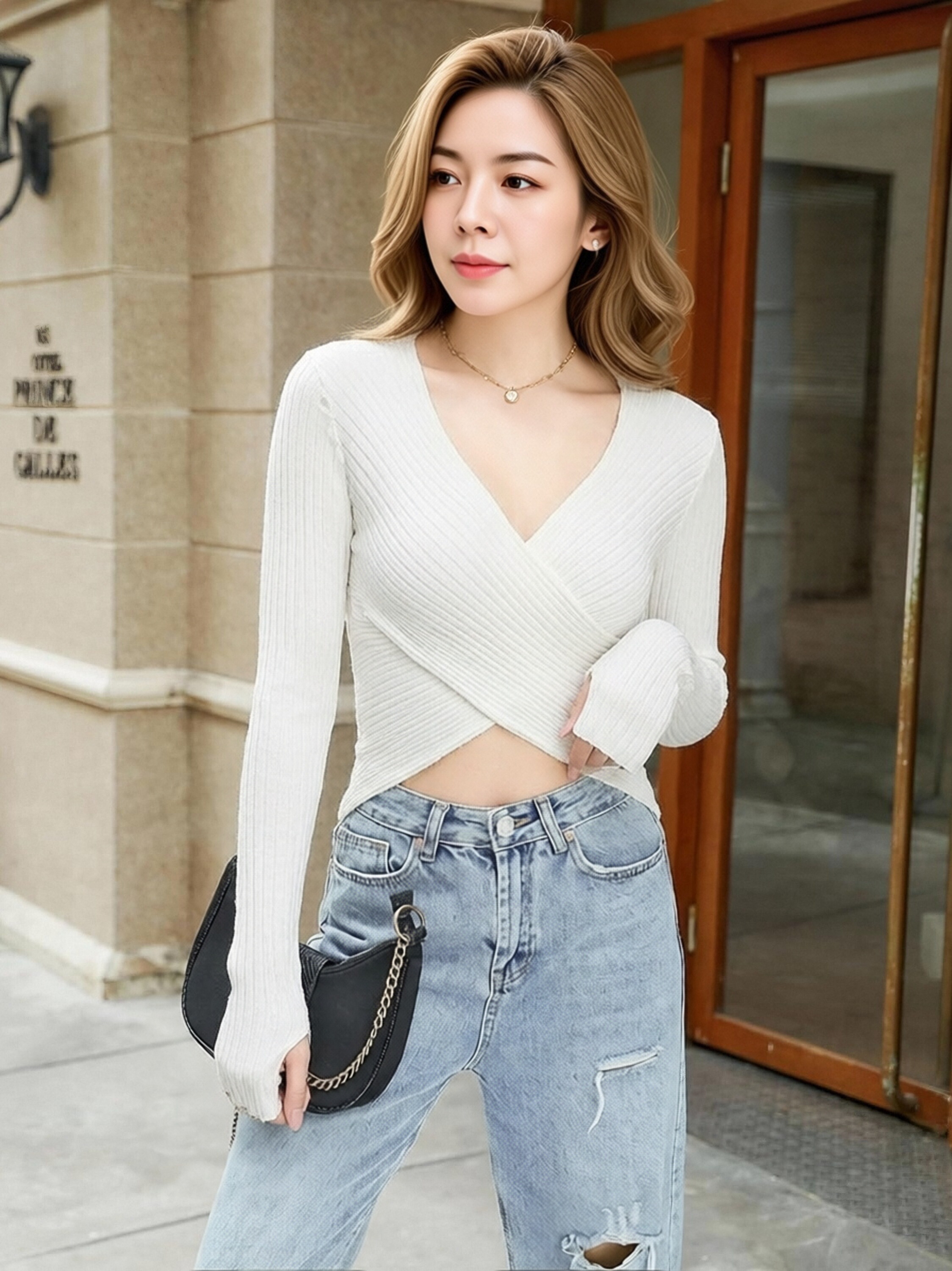 Women White Ribbed Knit Wrap Crop Top, Deep V Cross Front Long Sleeve Slim Fitted T-Shirt, Y2K Crisscross Waist Cut Out Going Out Knit Top