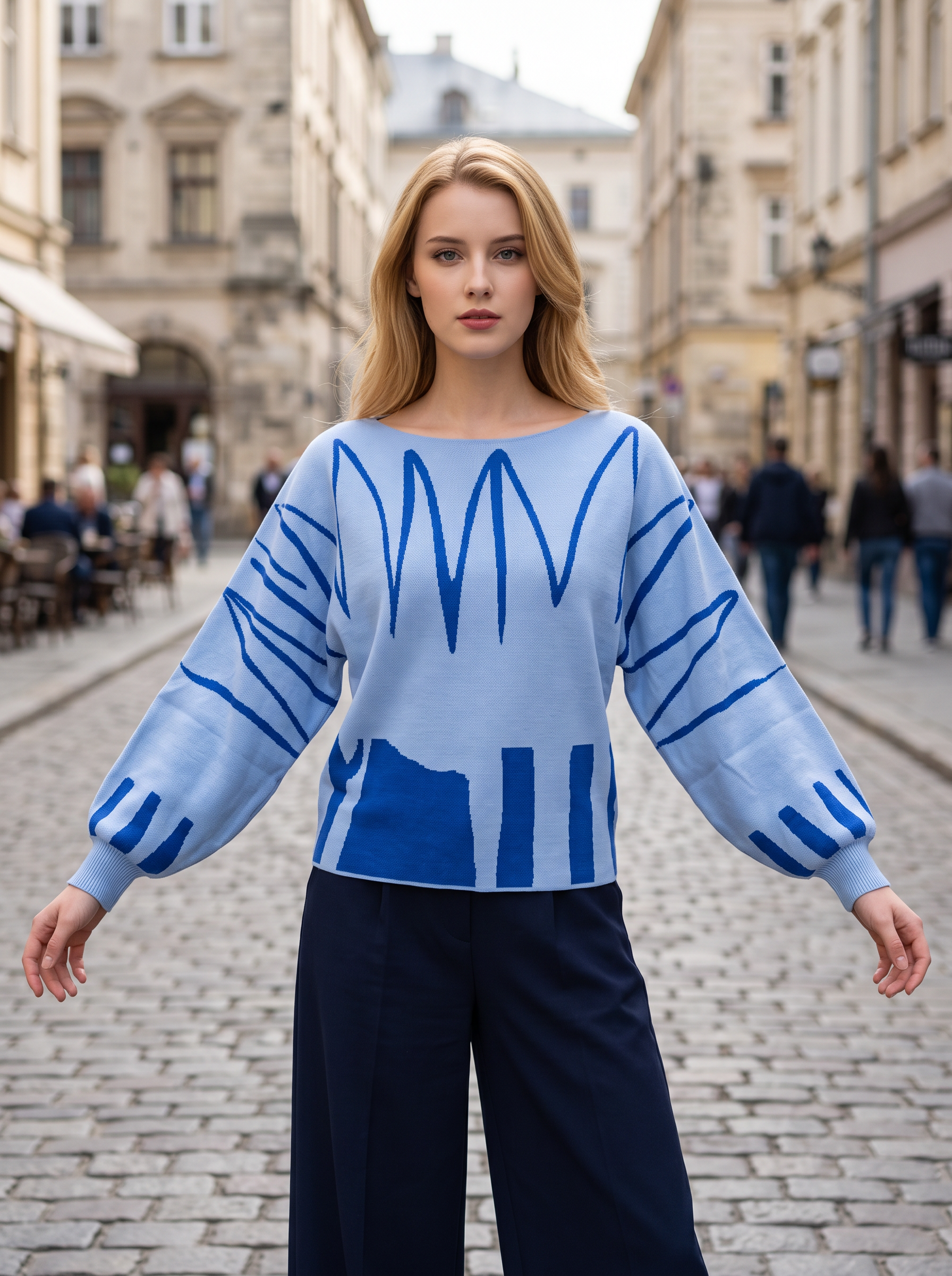 Women Boat Neck Abstract Geometric Print Knit Sweater, Lantern Long Sleeve Loose Drop‑Shoulder Pullover, Casual Cropped Knit Top view 5