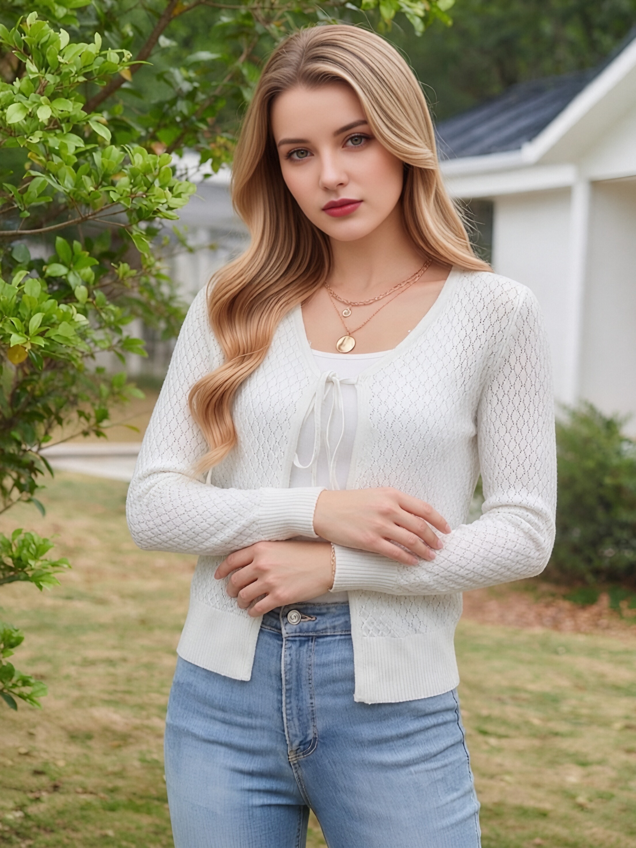 Women Hollow Mesh Knit Cardigan V Neck Tie Front Long Sleeve Lightweight Cropped Sweater Cover Up view 5