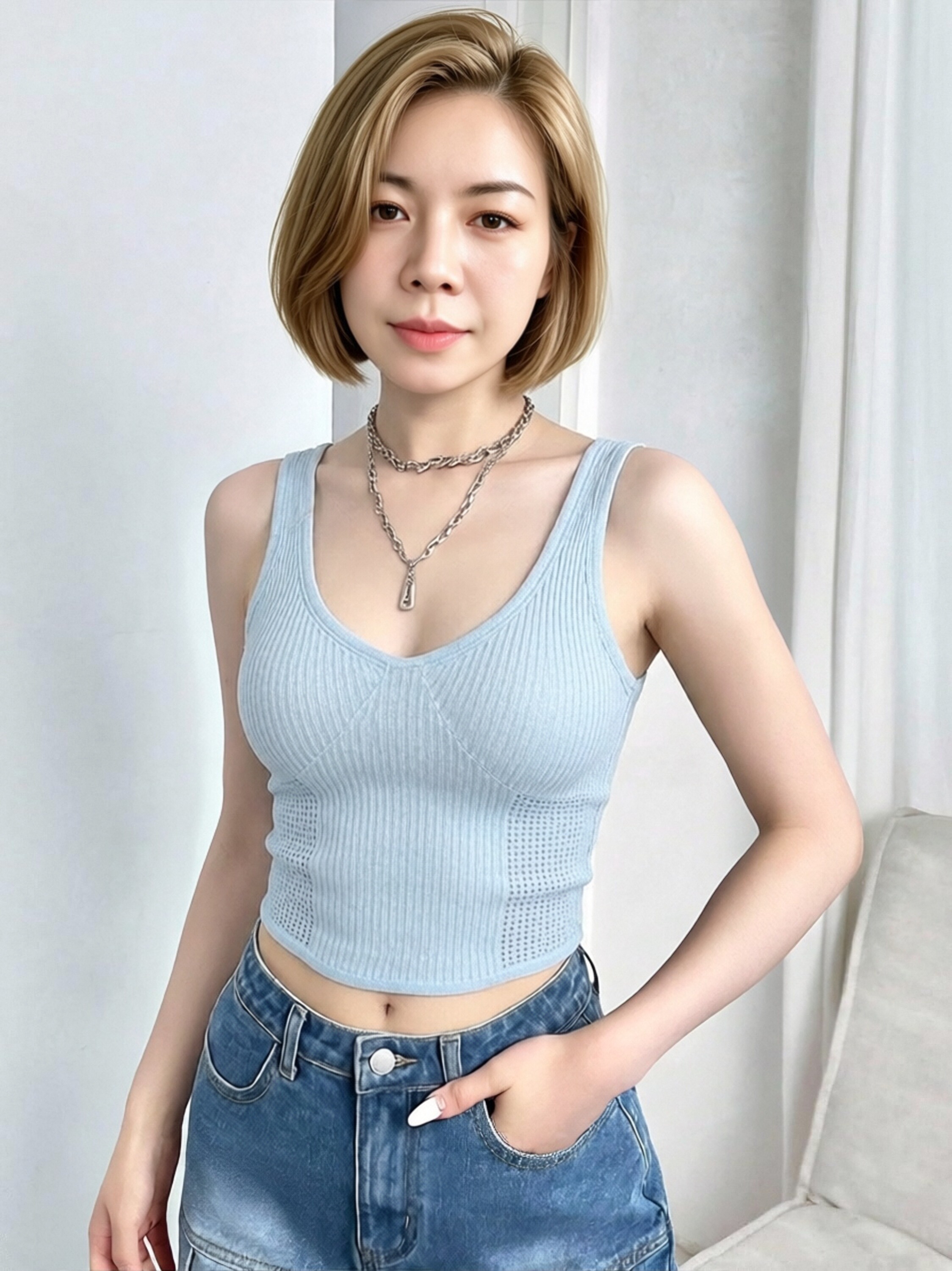 Women Light Blue Ribbed Knit Crop Tank Top, Deep U Neck Hollow Mesh Splice Slim Sleeveless Camisole, Summer Breathable Y2K Cropped Vest