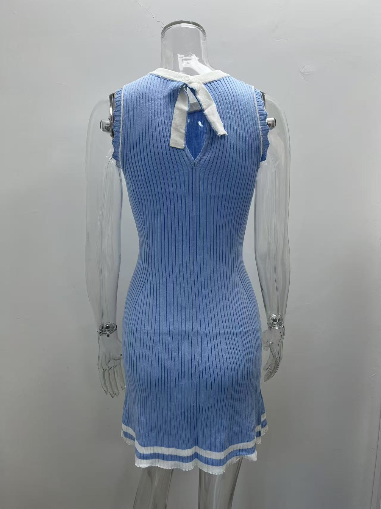 Women Sleeveless Ribbed Knit Bodycon Mini Dress, Color‑Block Trim Tie Neck Hollow Out Tank Short Dress, Y2K Casual Party Pencil Dress view 13