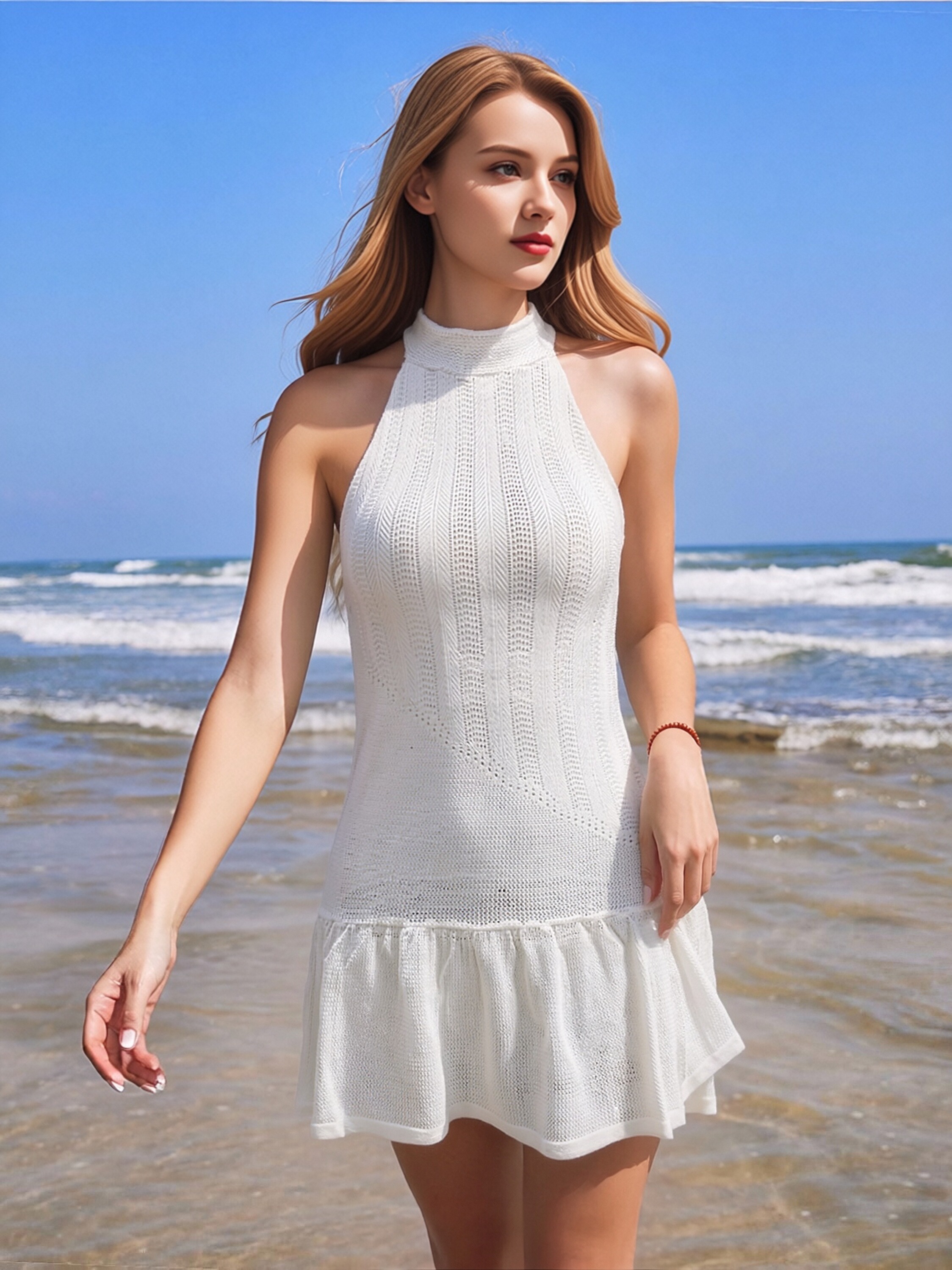 Women Halter Neck Hollow Knit Mini Dress, White Sleeveless Openwork Mesh Ruffle Hem Bodycon Short Dress, Summer Beach Cover Up See Through Knit Swim Cover Dress