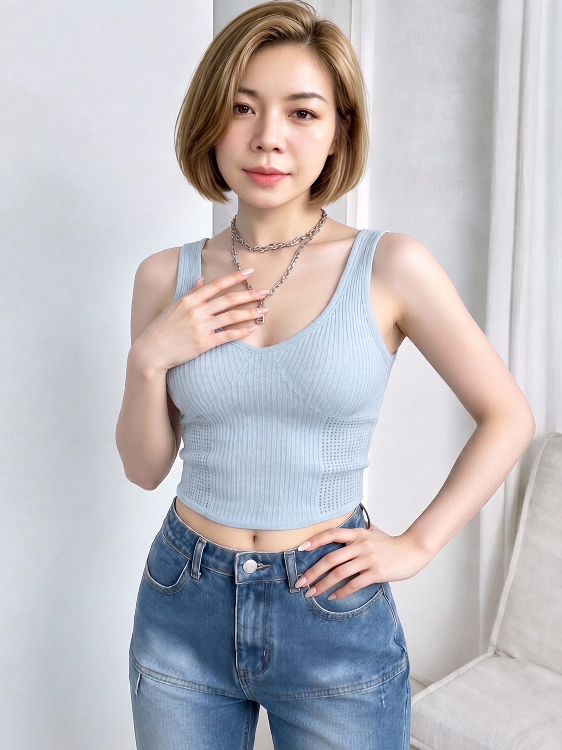 Women Light Blue Ribbed Knit Crop Tank Top, Deep U Neck Hollow Mesh Splice Slim Sleeveless Camisole, Summer Breathable Y2K Cropped Vest view 2
