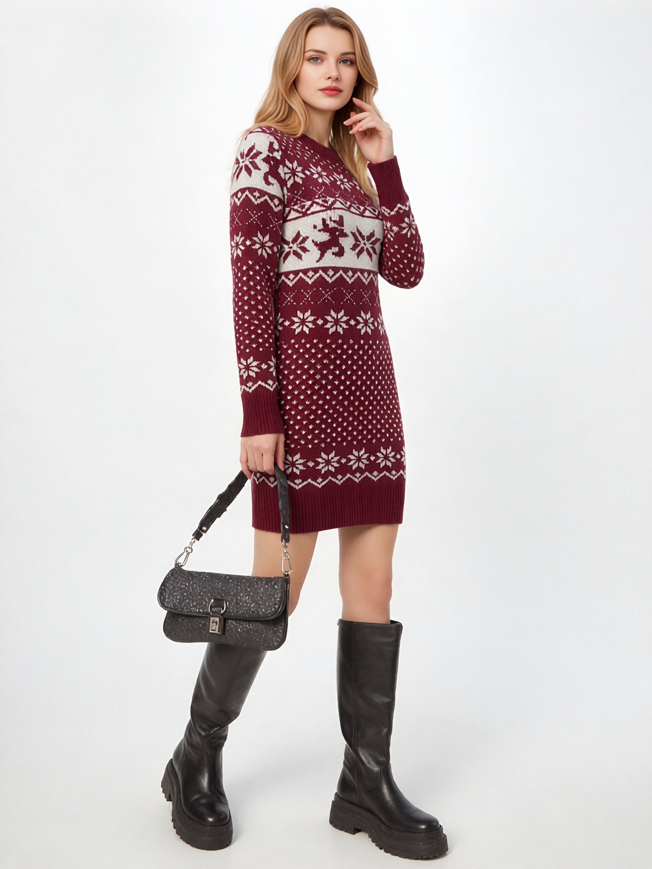 Women Christmas Reindeer Snowflake Knit Mini Dress, Crew Neck Long Sleeve Bodycon Sweater Dress, Fall Winter Holiday Party Short Knit Dress view 3