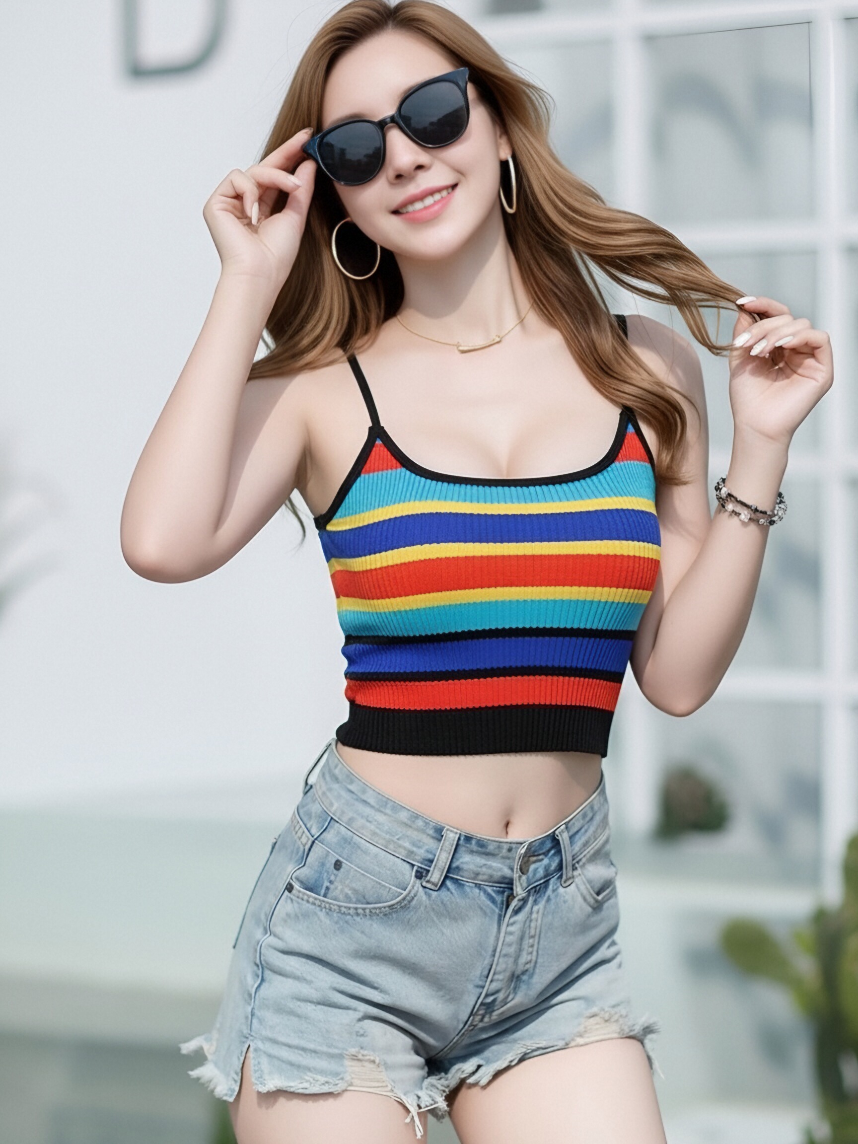 Women Rainbow Stripe Ribbed Knit Cami Top, Thin Spaghetti Strap U Neck Cropped Tank Top, Y2K Summer Slim Fit Colorful Striped Sleeveless Camisole view 2