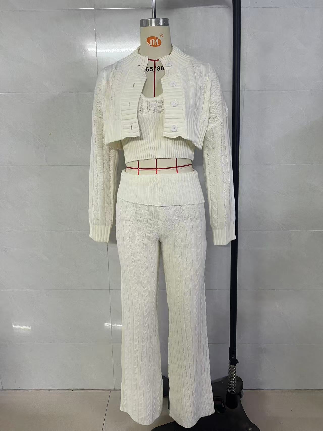 Women 3‑Piece Cable Knit Outfit, Cropped Cardigan + Camisole Top + Wide Leg Pants Sweater Set, Long Sleeve Casual Knitted Loungewear Suit view 6