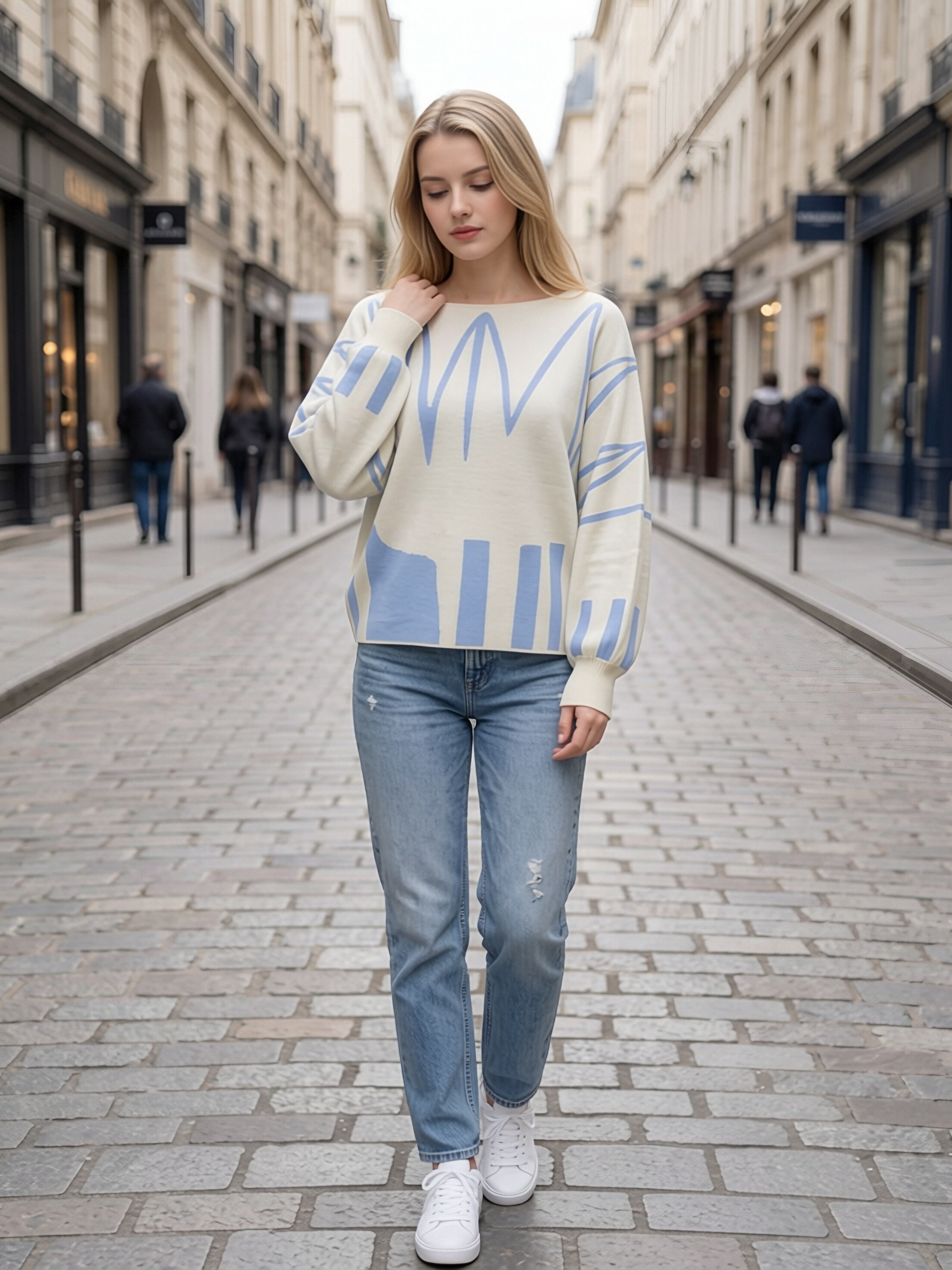 Women Boat Neck Abstract Geometric Print Knit Sweater, Lantern Long Sleeve Loose Drop‑Shoulder Pullover, Casual Cropped Knit Top view 3