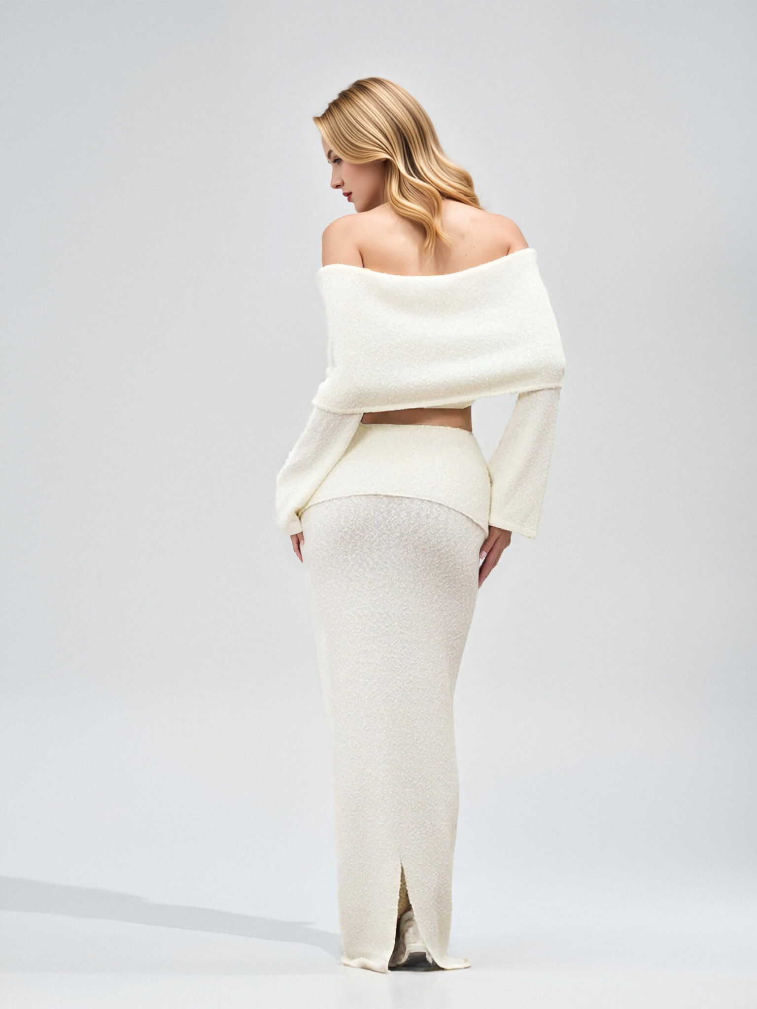 Women Off Shoulder Flare Sleeve Knit 2 Piece Set, Cropped Fold Over Bardot Top Split Maxi Mermaid Skirt Matching Outfit, Textured Soft Knit Bodycon Two Piece Dress Set Evening Club Matching Suit view 2