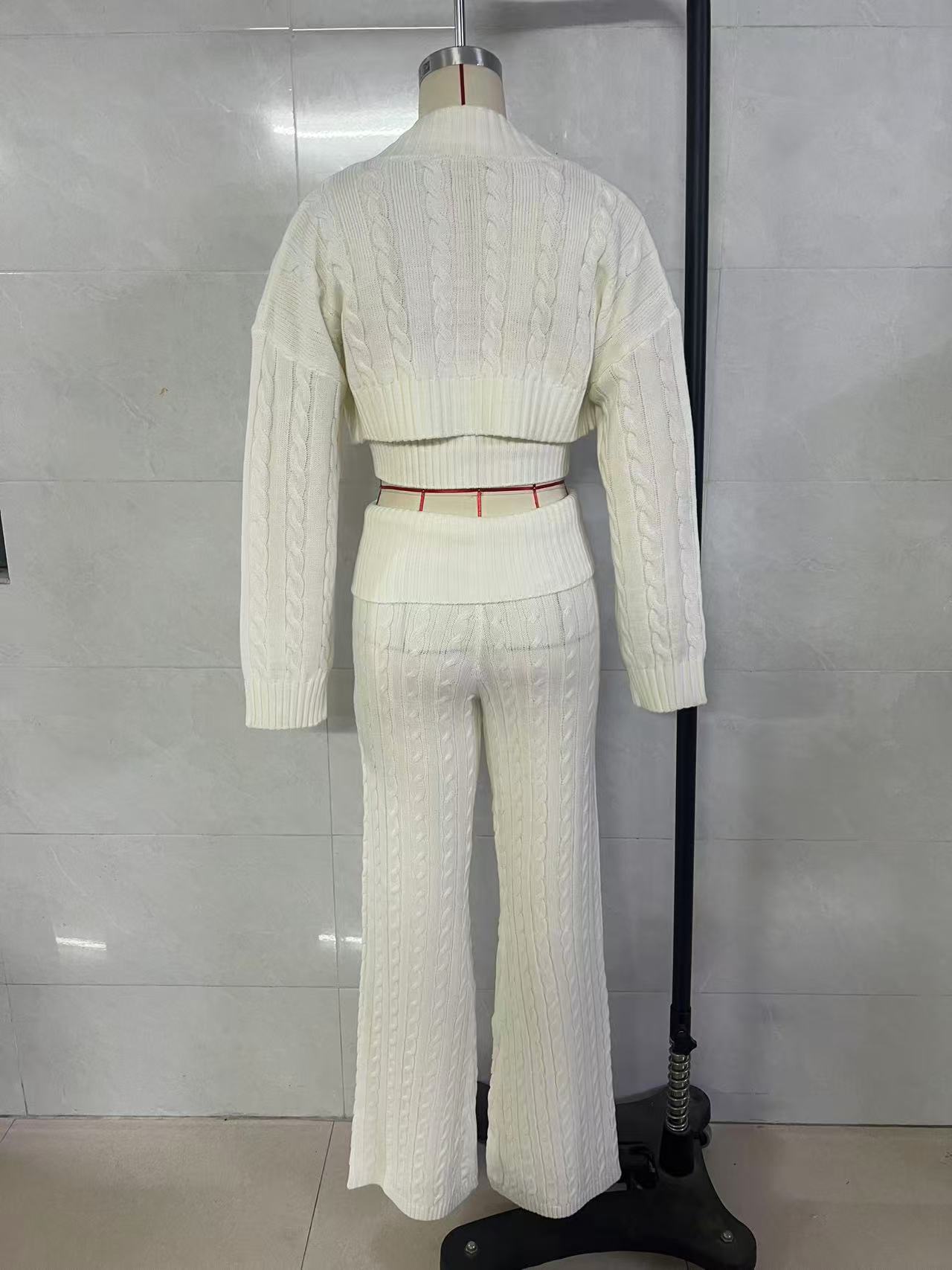 Women 3‑Piece Cable Knit Outfit, Cropped Cardigan + Camisole Top + Wide Leg Pants Sweater Set, Long Sleeve Casual Knitted Loungewear Suit view 7