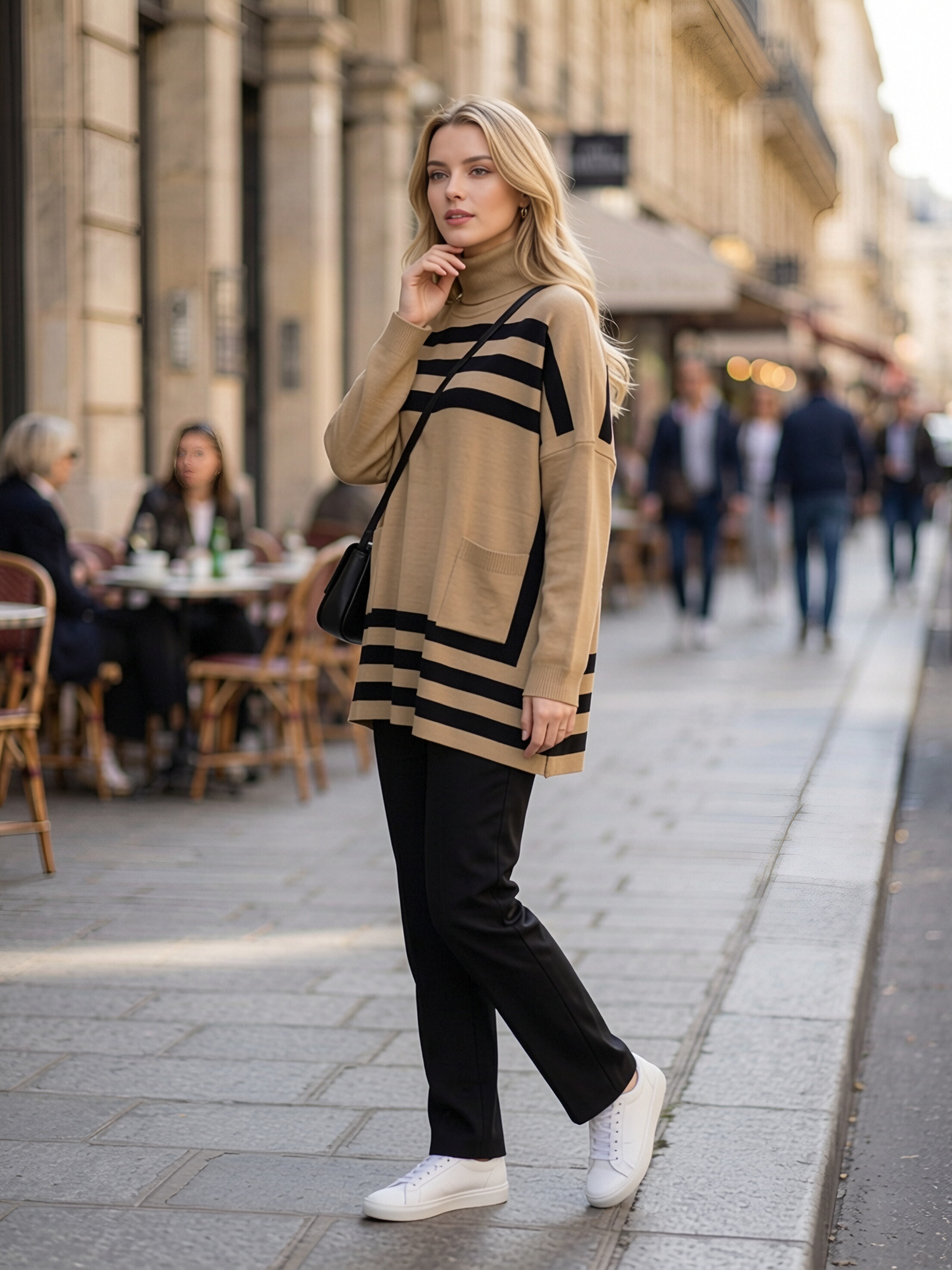 Women Turtleneck Striped Oversized Knit Sweater, Long Sleeve Loose Tunic Sweater Top With Pockets, Casual Side Slit Pullover view 2