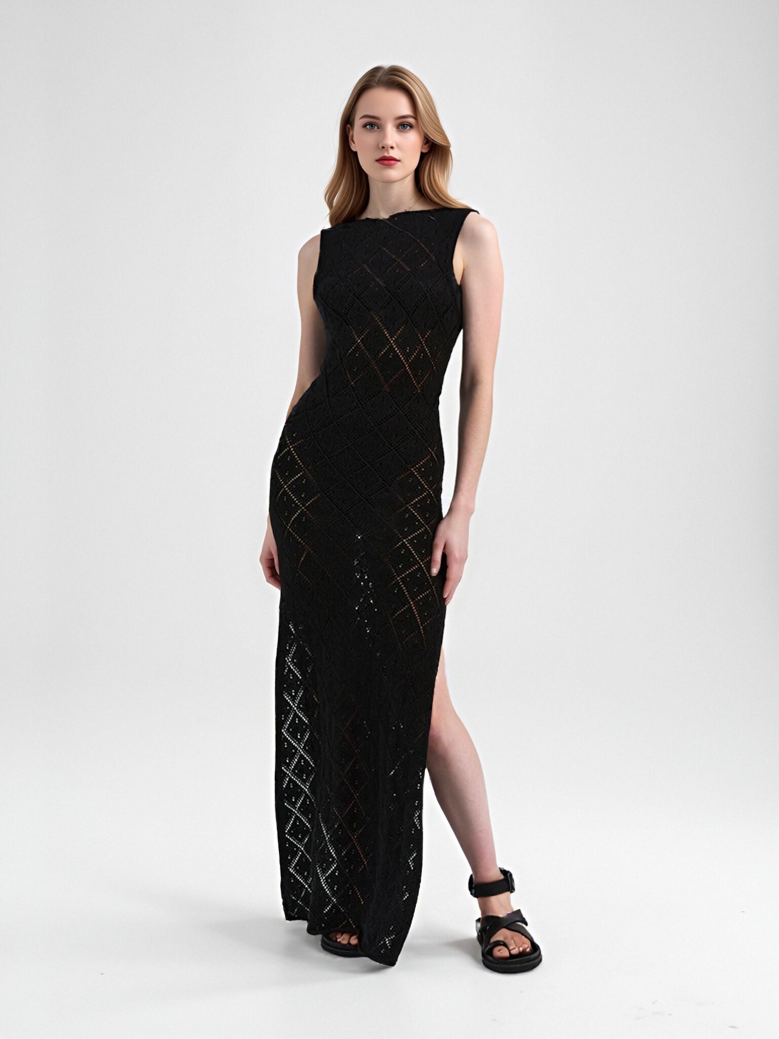 Women Sleeveless Hollow Diamond Knit Maxi Dress, Crew Neck Side Slit Bodycon Long Dress, Summer Beach Cover‑Up Crochet Tank Dress view 4