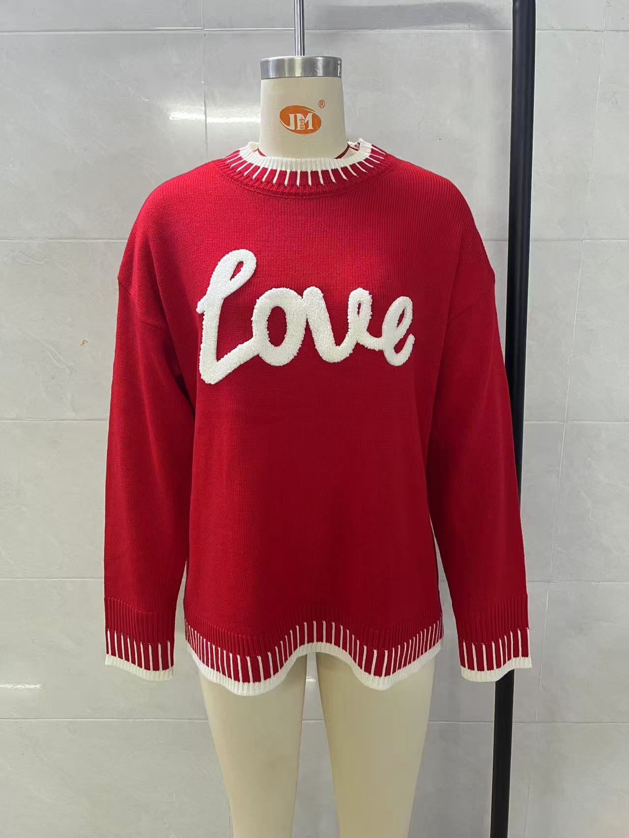 Women LOVE Letter Embroidery Knit Sweater, Contrast Stripe Crew Neck Long Sleeve Pullover, Loose Casual Drop‑Shoulder Knit Jumper view 5