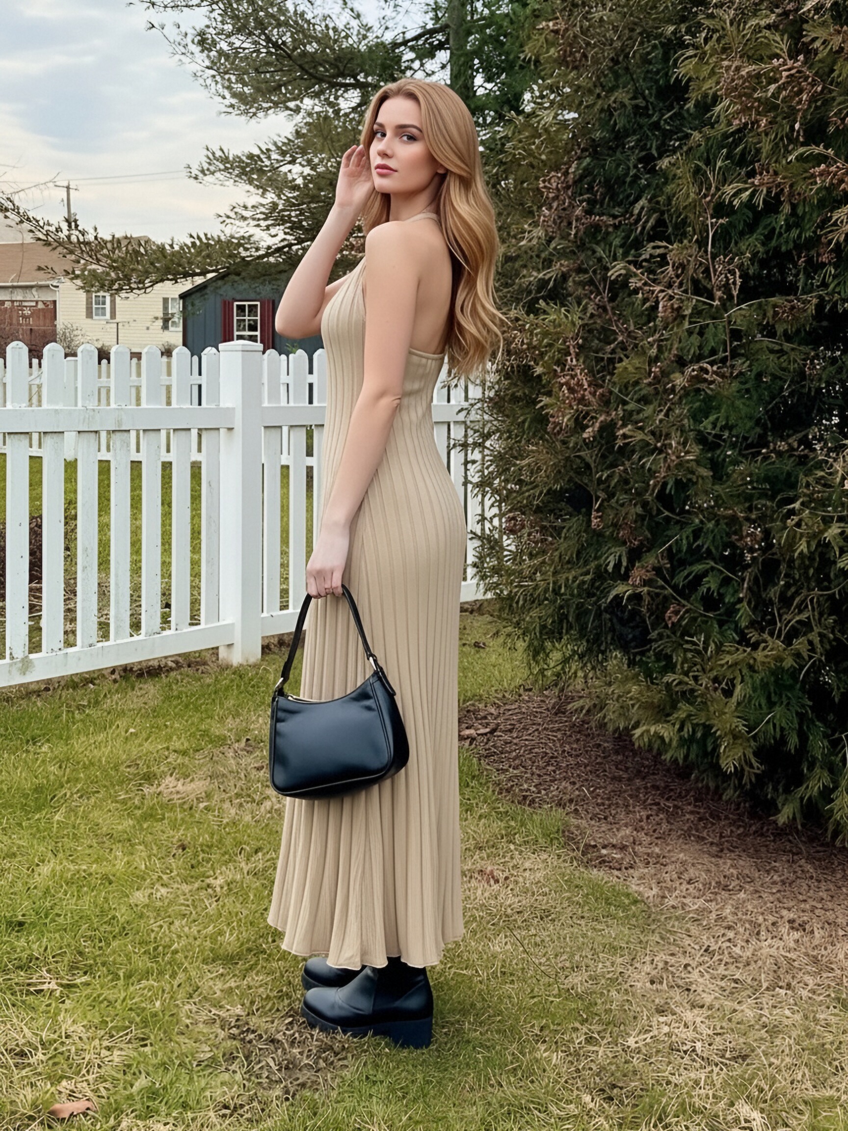 Women Halter Vertical Rib Knit Maxi Dress Sleeveless Bodycon Flared Hem Long Dress Solid Color Elegant Slim Vacation Dress view 6